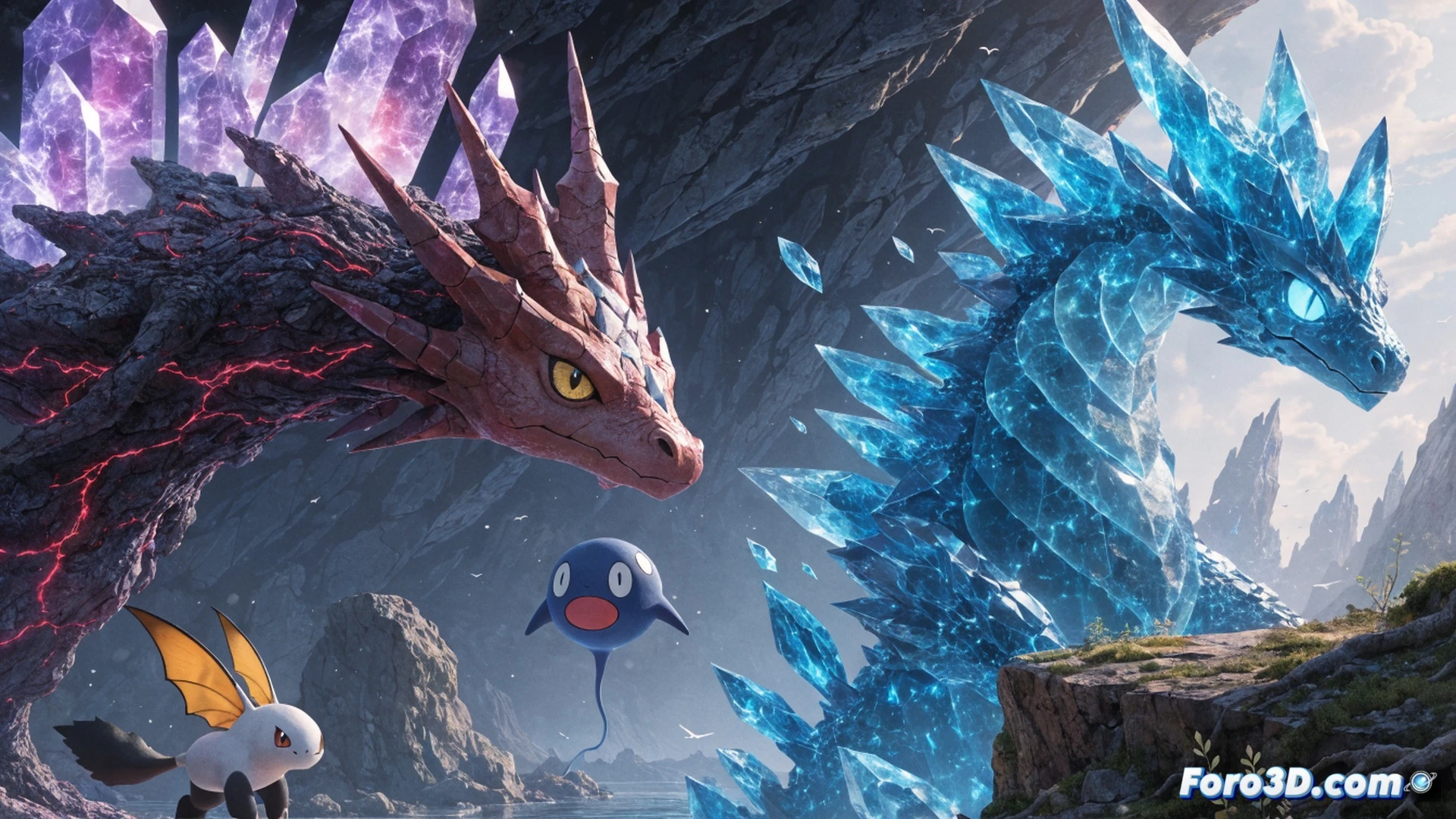 Un jugador sosteniendo un Nintendo Switch con Pokémon Escarlata visible en la pantalla, durante una batalla Tera Raid final contra tres iniciales evolucionados en un campo de cristal brillante, mientras el reloj de cuenta regresiva marca cero y partículas digitales se desintegran alrededor de los personajes, mostrando el cierre del ciclo de actualizaciones, estilo cinematográfico y técnico, iluminación dramática con tonos violetas y naranjas, texturas detalladas en la consola y los Pokémon, fondo de paisaje virtual pixelado desvaneciéndose, photorealistic render con efecto de despedida visual