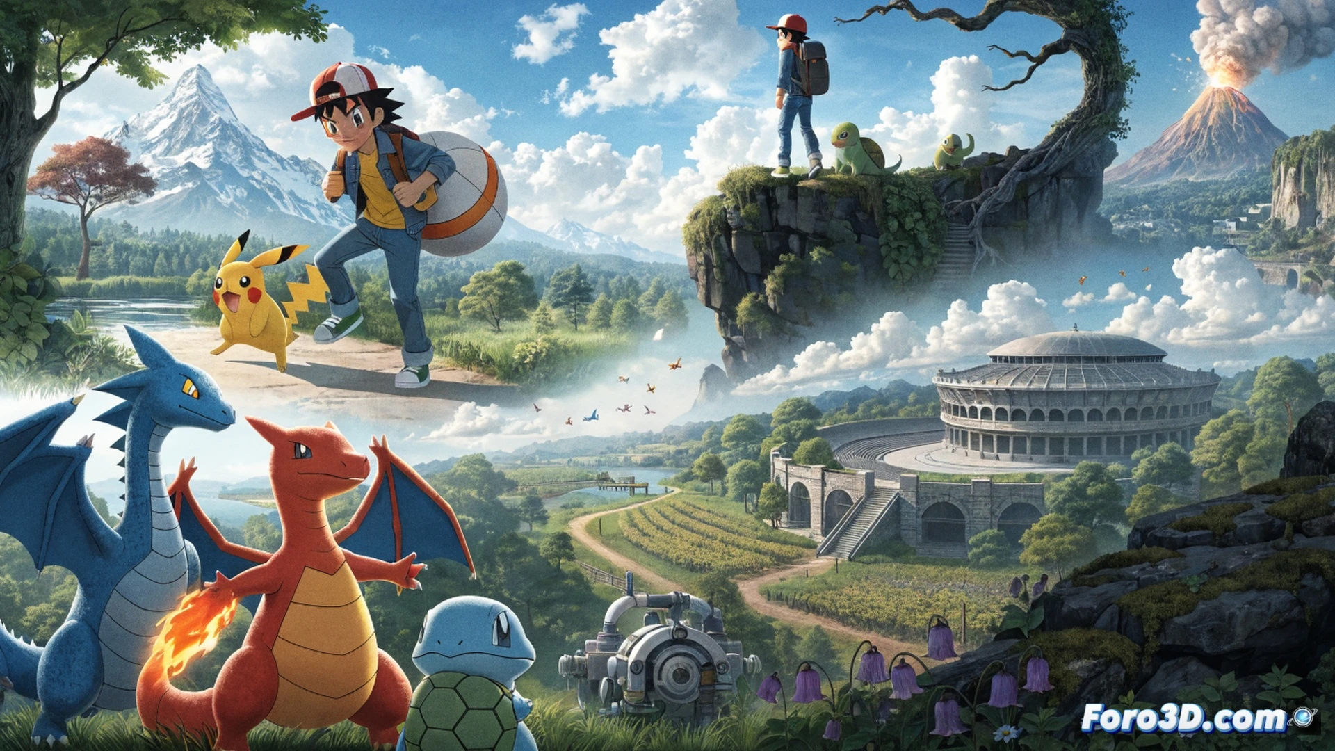 Pokémon trainer Ash-style character standing in tall grass before a pixel-art region map, hand releasing a Pikachu from a Poké Ball while a laptop screen beside him shows a free download page with game files and forum interface, nostalgic 8-bit aesthetic blended with modern digital elements, cinematic lighting, retro game art style mixed with photorealistic tech details, glowing screen reflections on face, vibrant color palette, wide-angle shot capturing both physical and digital worlds