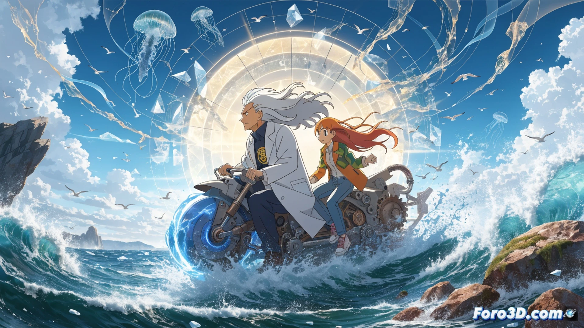 anime-style scene showing a professor and a champion trainer standing inside a glowing time portal laboratory, holographic timeline rings spinning around them while digital clock fragments dissolve into waves, vintage Pokédex device held by the professor displaying a cracked hourglass icon, mysterious Pokémon silhouettes emerging from water-like time ripples, cinematic lighting with blue and gold energy streams, technical illustration style, ultra-detailed sci-fi consoles and floating data screens, dramatic action pose as the champion reaches toward a swirling temporal vortex, photorealistic textures on metallic machinery, glowing circuit patterns on the floor, motion blur on cascading digital rain