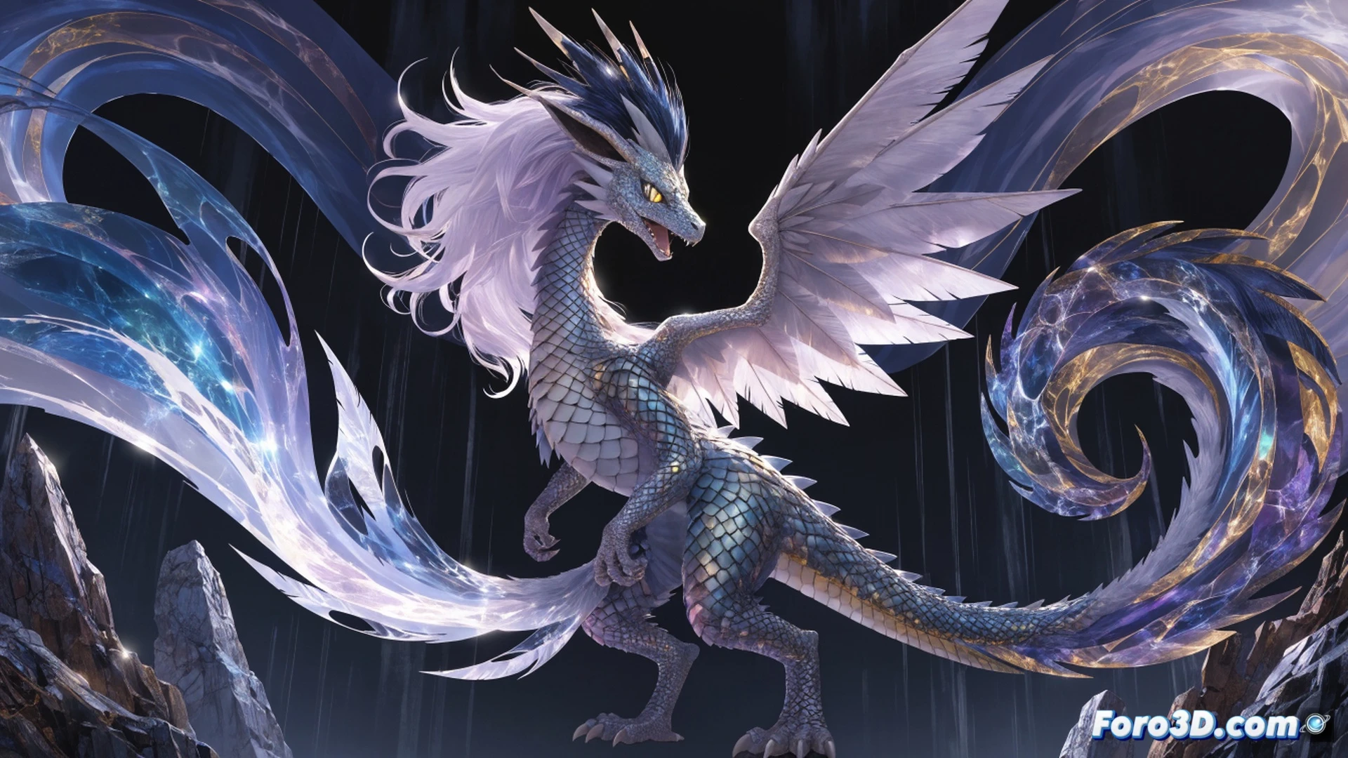 Eevee evolucionando en medio de un torbellino de viento y oleaje digital, cuerpo cubierto de escamas relucientes de dragón mientras fragmentos de datos azules y verdes se desprenden durante la transformación, consola Nintendo Switch 2 mostrada en ángulo isométrico con puertos USB-C y ventilación activa emitiendo luz pulsante, fondo de laboratorio tecnológico con pantallas flotantes mostrando estadísticas de tipo dragón, estilo cinematic rendering con iluminación volumétrica azul cian, partículas de energía envolviendo la escena, texturas metálicas y holográficas, ultra detallado, visualización técnica dramática