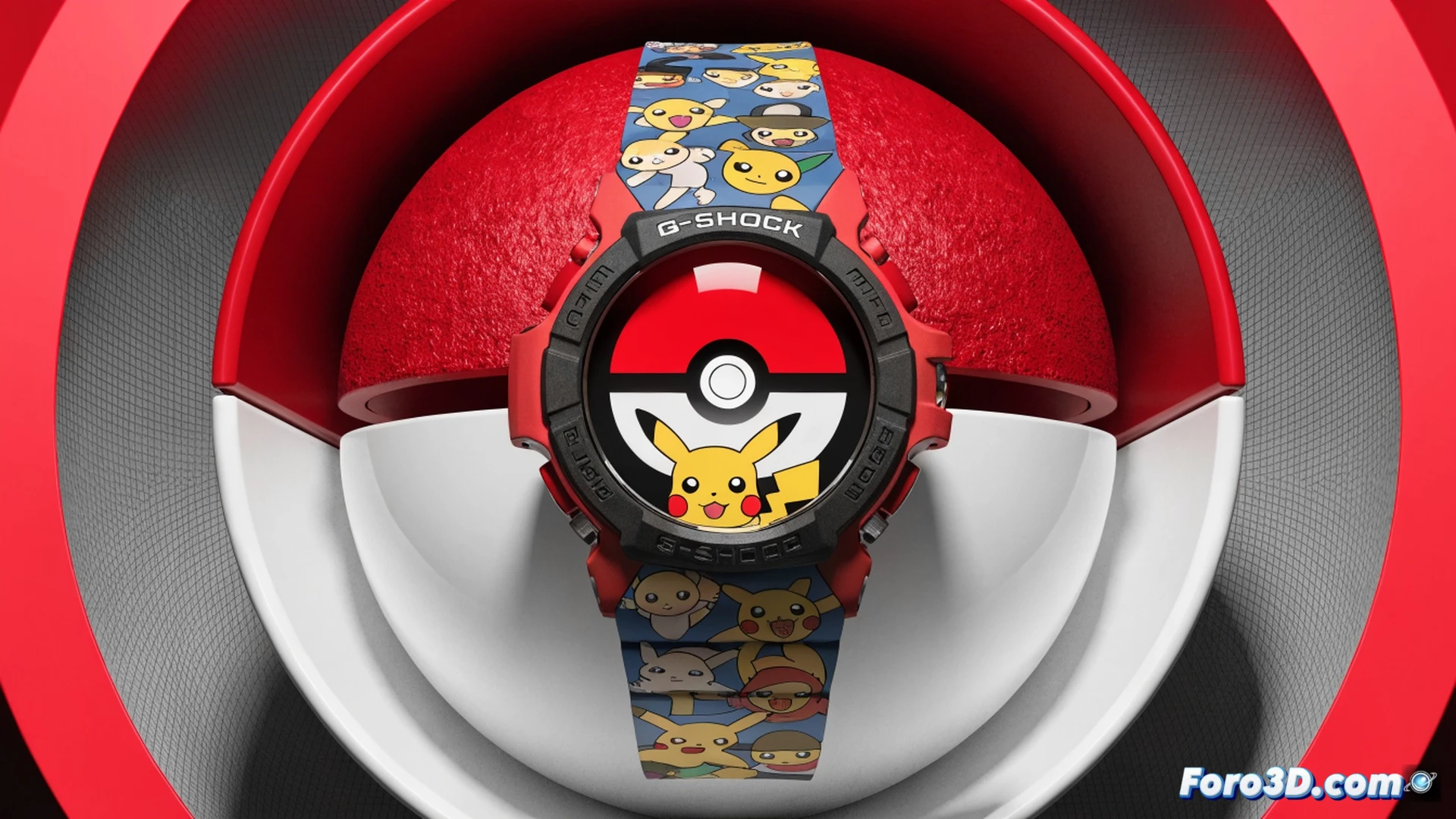 G-Shock watch face being assembled under magnifying lens, Poké Ball centerpiece and Pikachu silhouette embedded in resin dial, 30 miniature Pokémon figures marching along rubber strap during injection molding process, translucent red case back revealing circuit board with lightning bolt traces, engineering visualization, robotic arm positioning components over illuminated workstation, metallic gear teeth meshing inside digital module, dust particles frozen in workshop light, photorealistic technical illustration