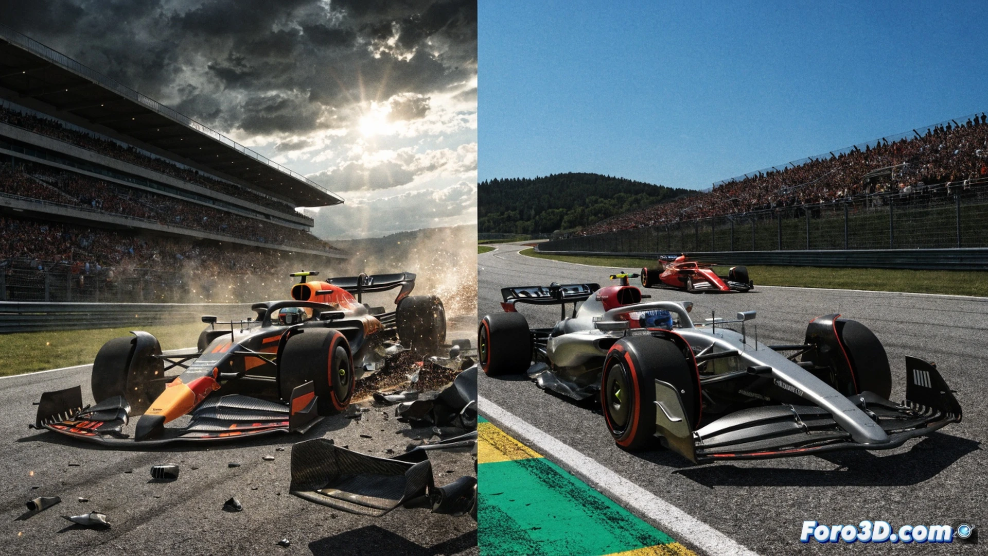 Mercedes y Ferrari boxes en plena clasificación del Gran Premio de Austria, ingenieros analizando datos en pantallas holográficas mientras George Russell celebra su pole, monoplazas plateados y rojos cruzando la línea de meta con humo de neumáticos, al fondo el accidente de Max Verstappen en la curva 9 con escombros y chispas, Carlos Sainz y Fernando Alonso detenidos en boxes con mecánicos revisando fallos mecánicos bajo luces led, estilo cinematográfico hiperrealista con detalles técnicos de telemetría, suspensiones y difusores traseros, iluminación dramática de atardecer alpino, texturas metálicas y carbono, motion blur en ruedas y banderas ondeando.