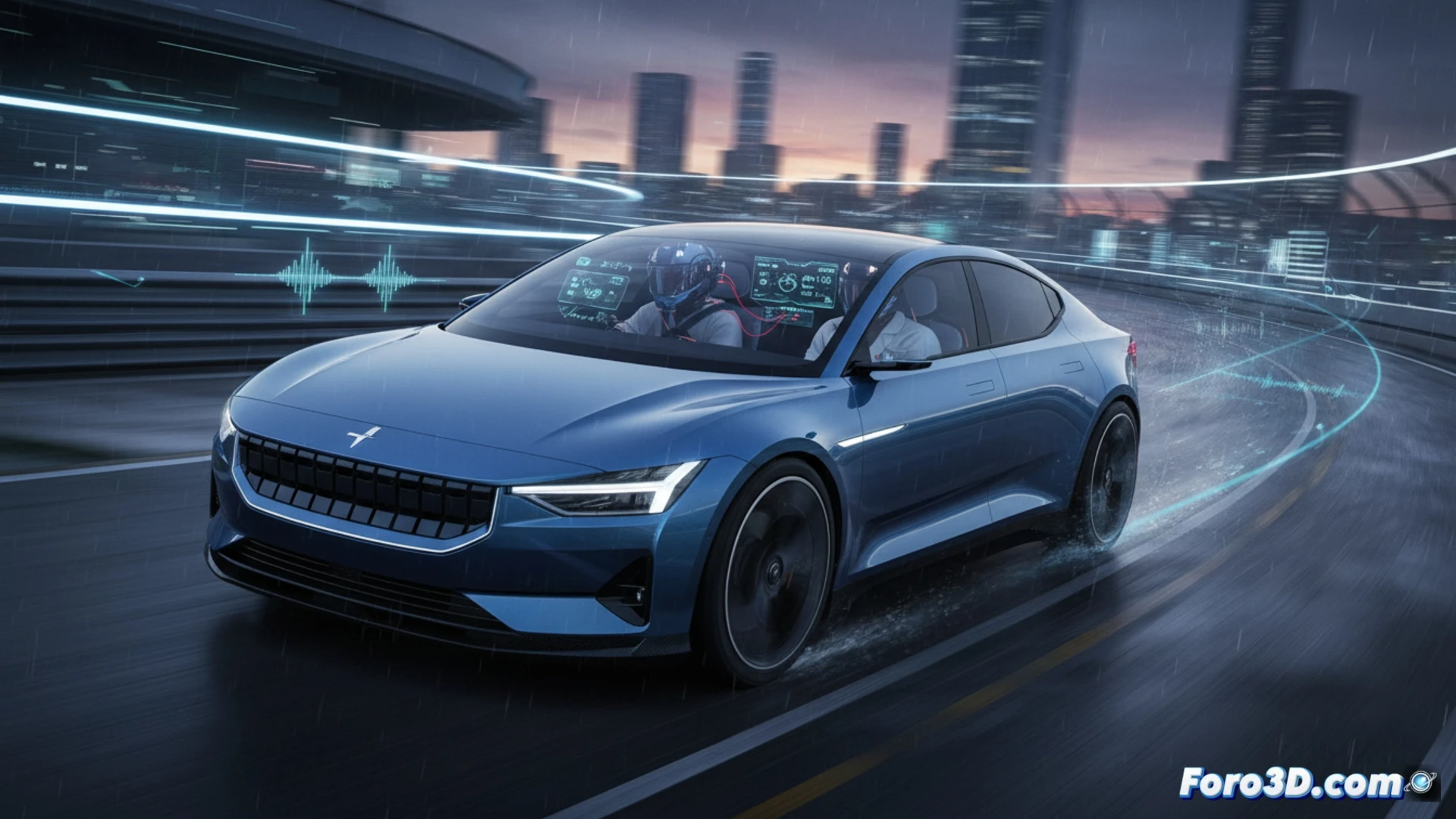 driver in racing helmet inside Polestar electric car on track, brain activity visualized as glowing neural pathways overlaying head, steering wheel with data sensors capturing grip pressure and heart rate, accelerator pedal with force feedback mechanism shown in cross-section, artificial sound generator under hood emitting waveform patterns, Oxford University logo on telemetry tablet displaying real-time EEG and biometric graphs, cinematic engineering visualization, photorealistic carbon fiber interior, dramatic track lighting, motion blur from high-speed cornering, technical illustration style