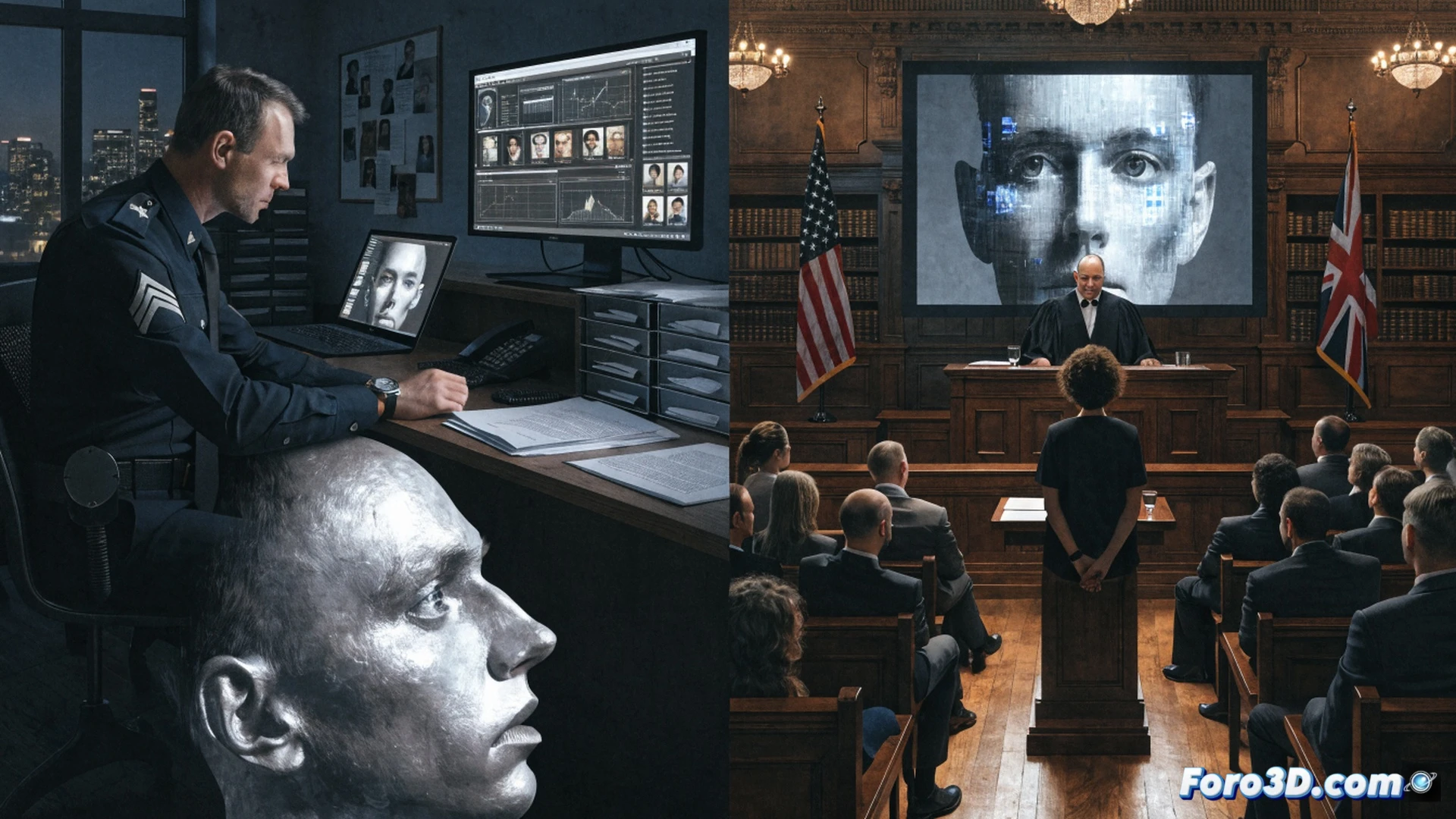 A police officer in uniform sitting at a desk in a dimly lit station, hands typing on a laptop while a glowing AI interface fabricates fake digital evidence on screen, blurred case files and legal documents scattered around, forensic software icons visible on the monitor, a badge and handcuffs on the table, cinematic photorealistic style, tense atmosphere, shadows across the officer face, blue and red ambient lighting, ultra-detailed office environment, realistic procedural drama aesthetic