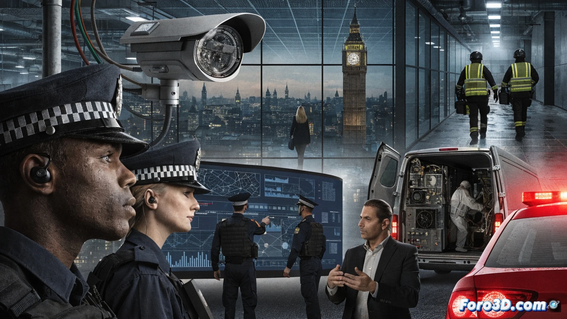 London police headquarters night scene, a glowing server rack with blinking red warning lights, a uniformed officer pressing a renew contract button on a tablet while a shadowy figure hands over a stack of cash, cracked data cables connecting to a surveillance camera feed showing blurred faces, a broken open tender document lying on the floor under a desk, dust particles floating in dim fluorescent light, cinematic photorealistic technical illustration, dark blue and grey color palette, dramatic shadows, high contrast industrial lighting, ultra-detailed hardware components, surveillance monitors flickering with static, ethical dilemma visualized through corrupt transaction