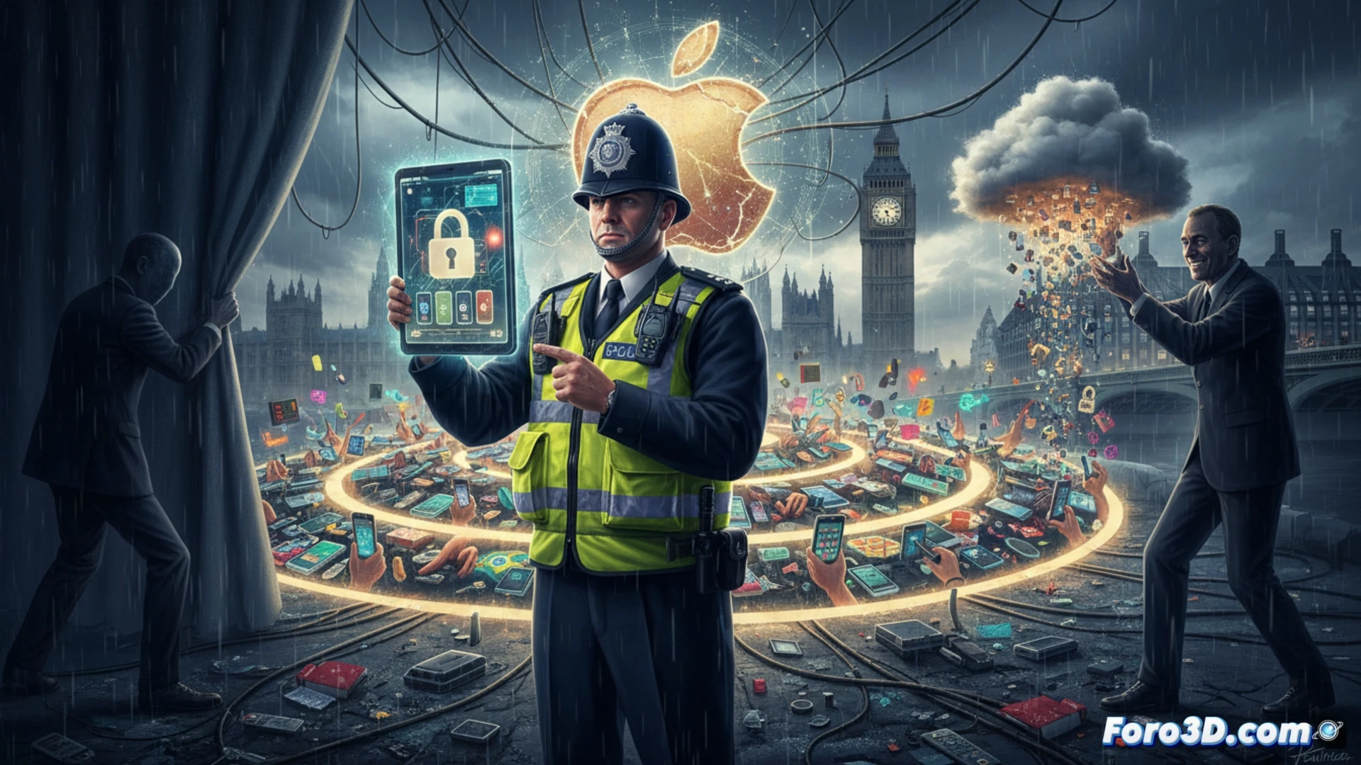 London street scene at night, pickpocket hand slipping an iPhone from coat pocket while another thief on phone browsing second-hand marketplace app, Scotland Yard officer in background pointing at Apple Store logo glowing on building, circuit board traces forming lock icon broken in half, cinematic photorealistic style, dramatic streetlamp lighting casting long shadows, rain-slicked cobblestone, phone screen displaying block request interface, dark urban atmosphere with neon reflections, ultra-detailed textures on clothing and devices, action frozen mid-theft, technical crime scene visualization