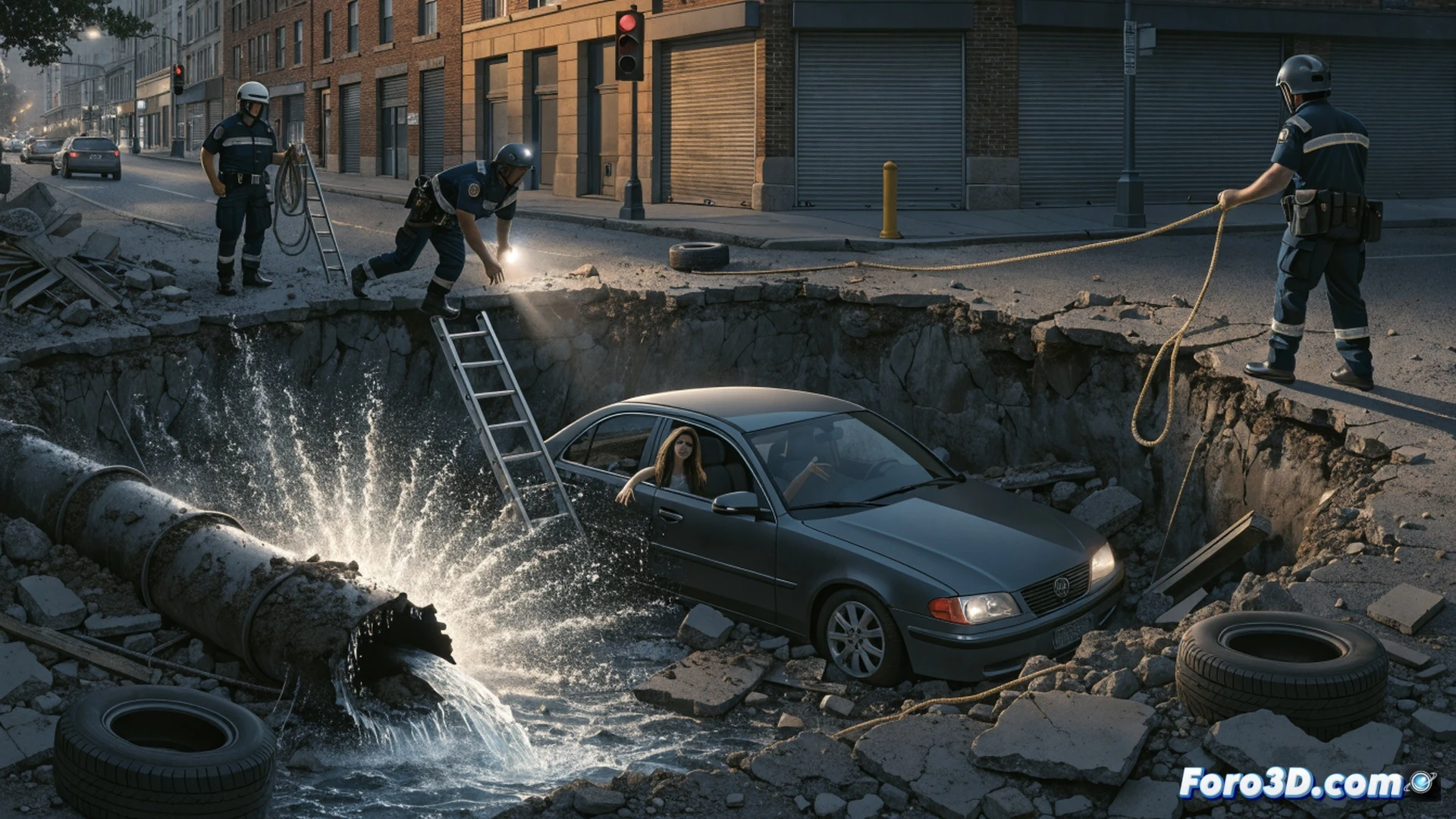 rescue operation at night, police officer in tactical gear lowering himself into a flooded sinkhole, submerged sedan tilted at 45-degree angle underwater, broken water main gushing pressurized water from ruptured pipe, pavement collapsed into muddy crater, bystanders assisting with rope and flashlight beams cutting through dark water, cinematic photorealistic style, dramatic emergency lighting from patrol car beacons, mud splashes on officer uniform, debris floating on surface, ultra-detailed infrastructure damage, realistic flood textures, tense action scene
