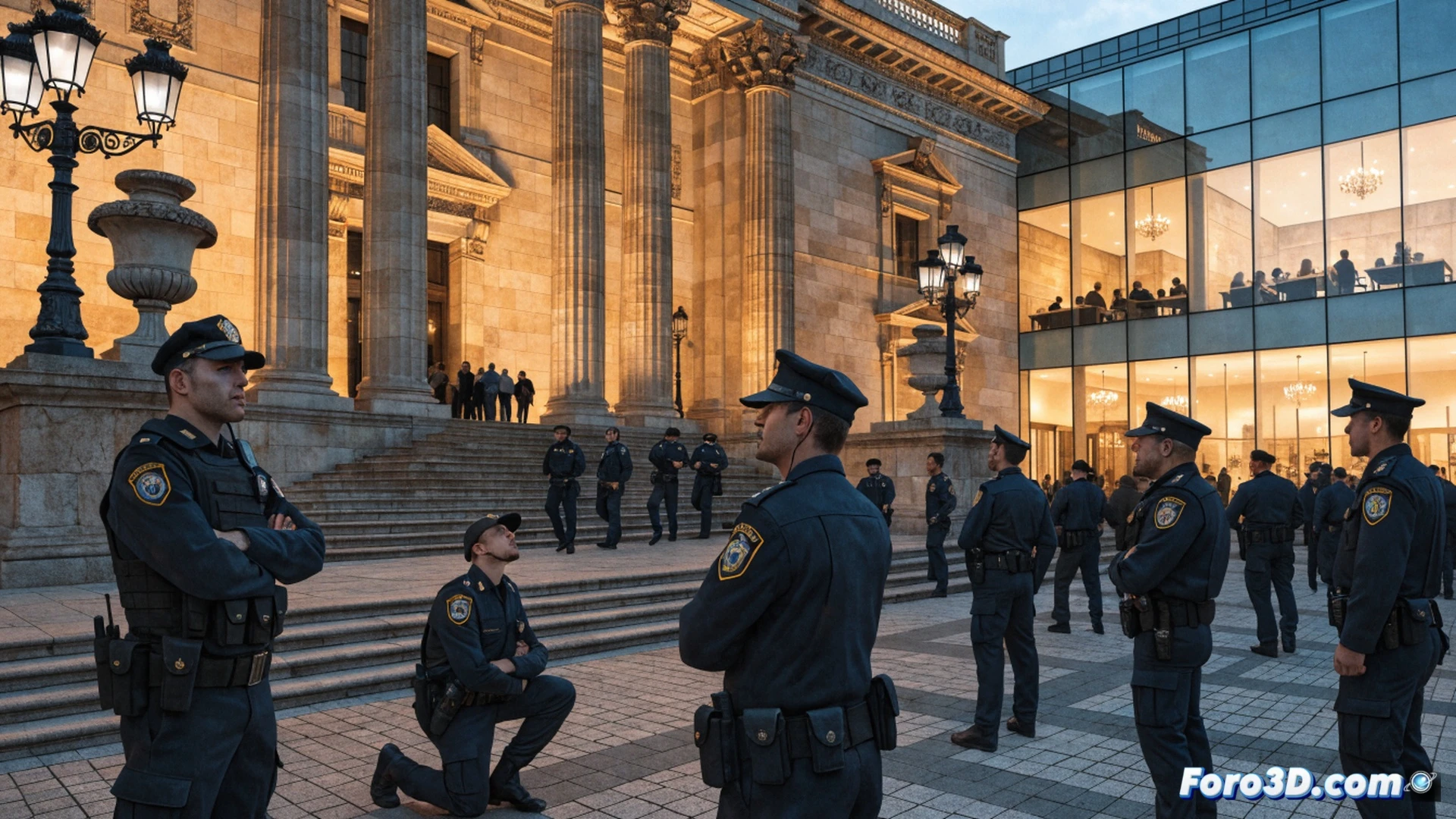 Policías locales de Palma en protesta frente al Ayuntamiento, agentes con uniforme azul oscuro sosteniendo pancartas plegadas y documentos oficiales arrugados, una mano señalando un reloj de pulsera mientras otra sostiene un informe de turnos con sello de incumplimiento, escalinata del Consistorio al fondo, guardias municipales formando una línea frente a la fachada, expresión de frustración colectiva, luz matinal de mediterráneo, atmósfera tensa de negociación fallida, fotografía documental de actualidad, estilo photorealistic, alta nitidez en texturas de uniforme y papeles
