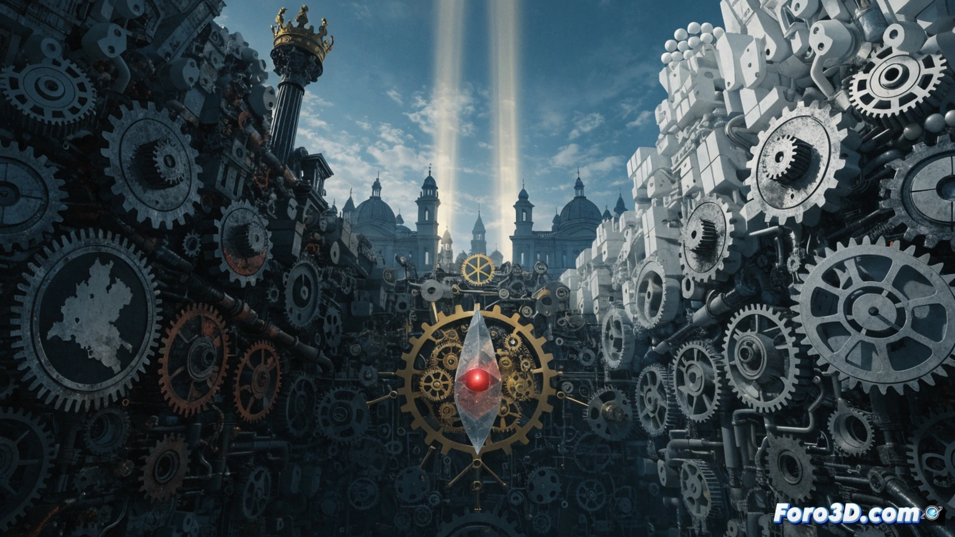 British parliamentary chamber filled with stacked papers labeled with crossed-out negotiation dates, a broken hourglass leaking sand onto a Gibraltar map, two debating politicians frozen mid-gesture while a clock on the wall shows hands spinning backwards, ceremonial mace lying abandoned on the floor, dusty Brexit trade documents piled high, cinematic political visualization, photorealistic architectural detail, dramatic chiaroscuro lighting from stained glass windows, deep shadows contrasting with golden highlights, ultra-detailed wood paneling and leather benches, motion blur on the spinning clock hands, technical illustration style