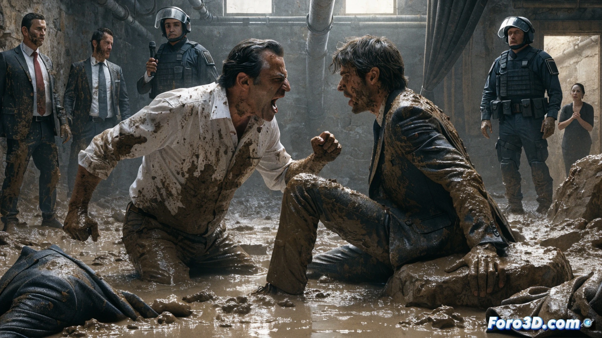 Two politicians in mud-splattered suits locked in a tug-of-war over a broken gavel, a smartphone displaying a corrupt contract lies trampled underfoot, a family photo frame cracks between them, background shows a parliament chamber dissolving into sludge, cinematic photorealistic style, dramatic low-angle shot, mud droplets frozen mid-air, harsh spotlight cutting through dark smoke, ultra-detailed textures of wet fabric and grime, chaotic debris field of torn policy papers and bent microphones