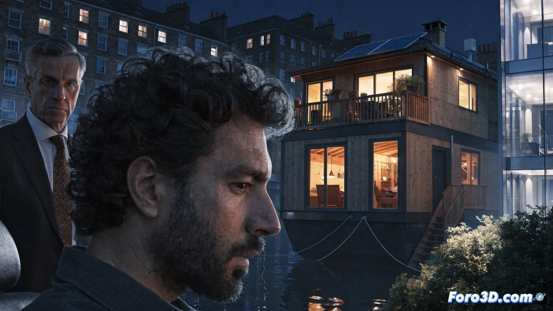 Floating houseboat moored on a canal in Hackney, London, with a council tax bill pinned to its wooden deck, a green politician standing on the bow holding a payment receipt, a Conservative rival figure watching from the shore, council letter being torn in half by an official, legal document stamped exonerated, cinematic photorealistic visualization, overcast urban waterway, wet wooden planks, brass boat fixtures, reflection of council building in water, dramatic lighting through clouds, ultra-detailed textures of rope and metal cleats, realistic environmental rendering
