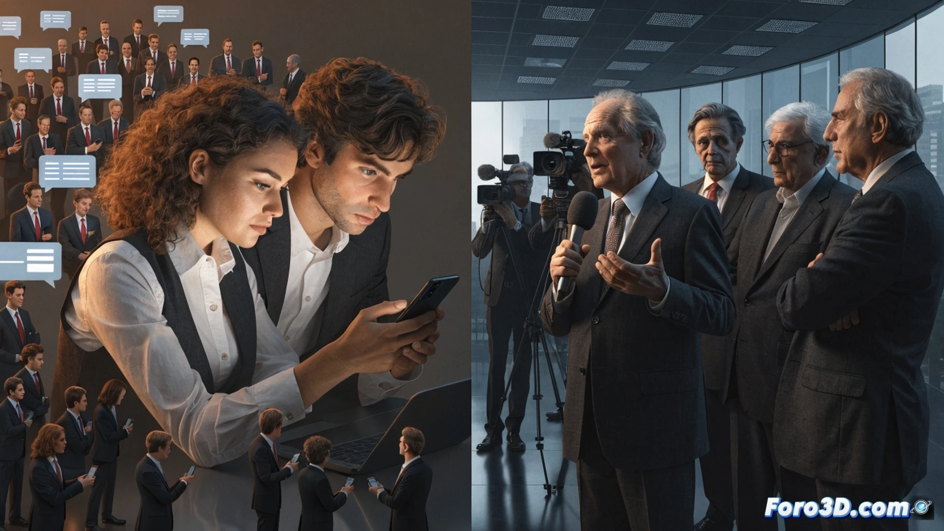 French political candidates on smartphones bypassing traditional media, a smartphone screen displaying a polished presidential speech while a journalist's microphone is pushed aside, social media interface icons floating in the air around the candidate, news verification badges fading into the background, cinematic documentary style, photorealistic, shallow depth of field focusing on the candidate's face and phone, warm golden hour lighting contrasting with cool blue digital glow, motion blur on passing reporters, detailed smartphone screen with app notifications and live stream button, realistic skin textures and fabric details, high-contrast dramatic shadows