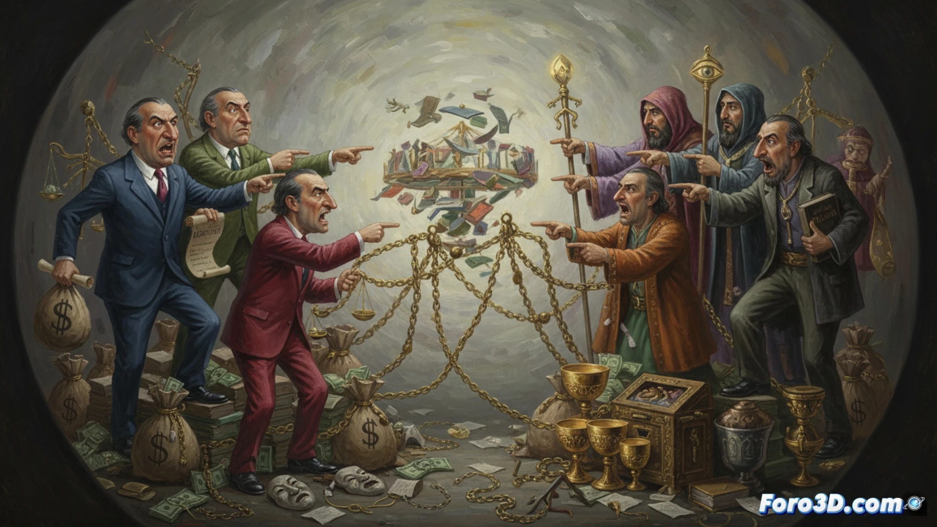 Dos figuras idénticas con trajes y colores distintos, una azul y otra roja, se señalan mutuamente frente a un espejo roto que refleja la misma sombra alargada y monedas cayendo al vacío.