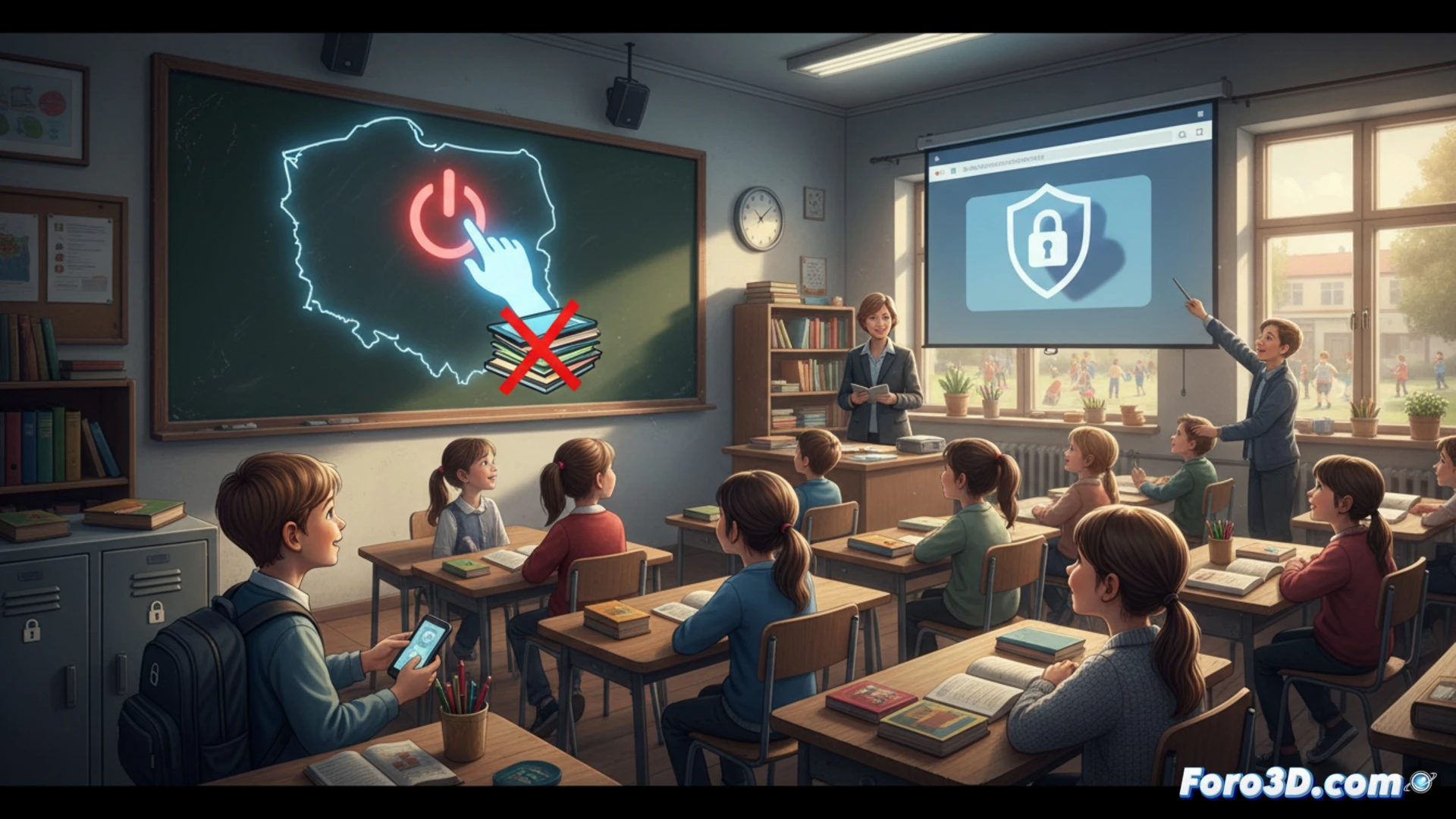 fotografía realista de un aula de escuela primaria polaca vacía durante el recreo, pupitres de madera con libros abiertos y lápices, un teléfono inteligente roto y apagado sobre el suelo de linóleo, una tableta digital con la pantalla agrietada colgando de un cable roto, en la pared un cartel de verificación de edad con un escudo digital bloqueando contenido web, luz natural fría entrando por las ventanas, atmósfera de silencio y orden, estilo documental cinematográfico, texturas detalladas de superficies escolares desgastadas
