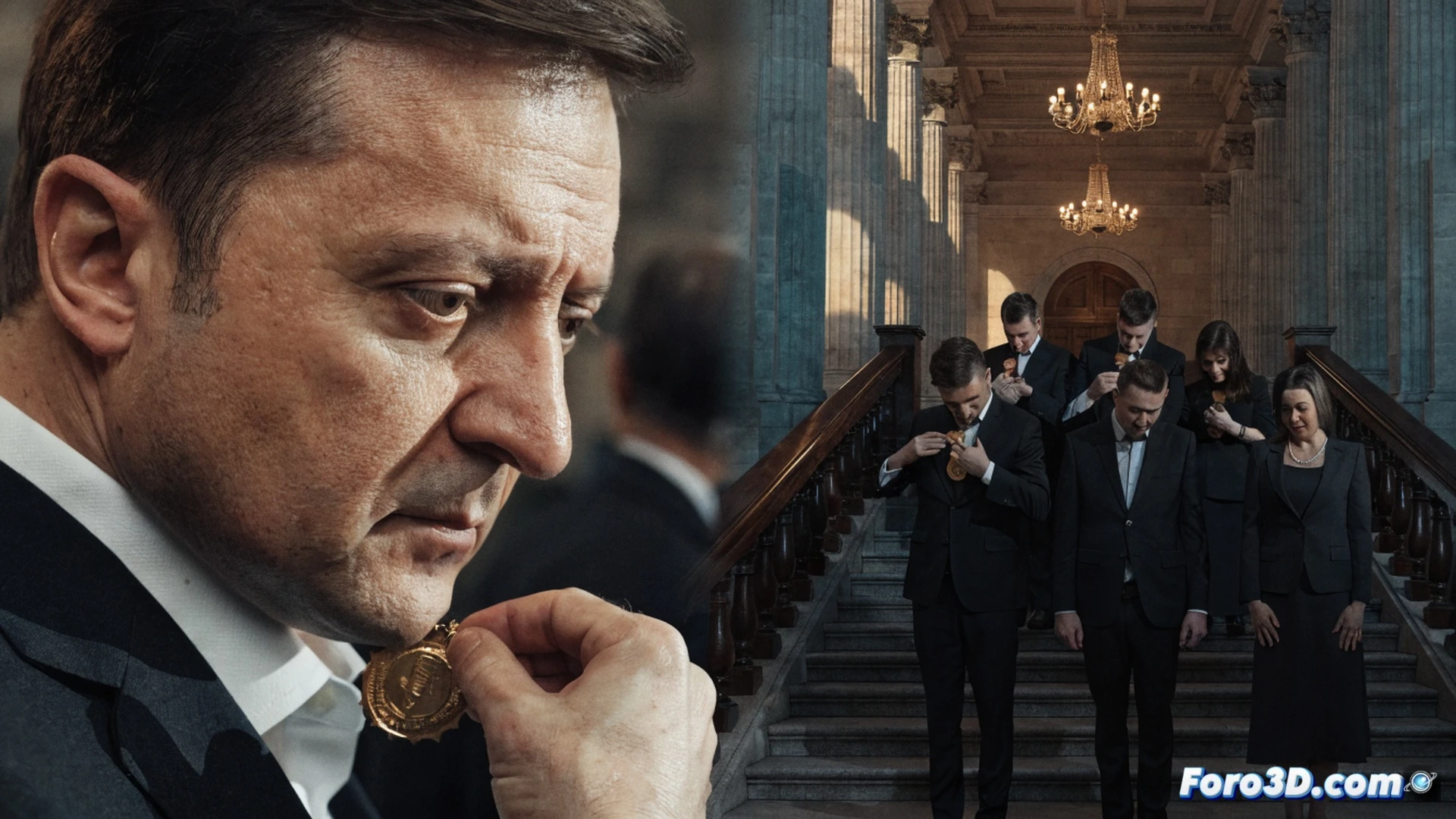 Diplomatic scene showing a Polish official removing a medal from a Ukrainian military uniform displayed on a table, while Ukrainian diplomats placing their own medals into a wooden box, shattered glass pieces on the floor symbolizing broken alliance, dark wood office interior, subtle map of Eastern Europe on the wall, cold blue lighting contrasting with warm amber desk lamp, cinematic photorealistic style, dramatic shadows, tense atmosphere, ultra-detailed fabric textures and metallic reflections, technical illustration composition