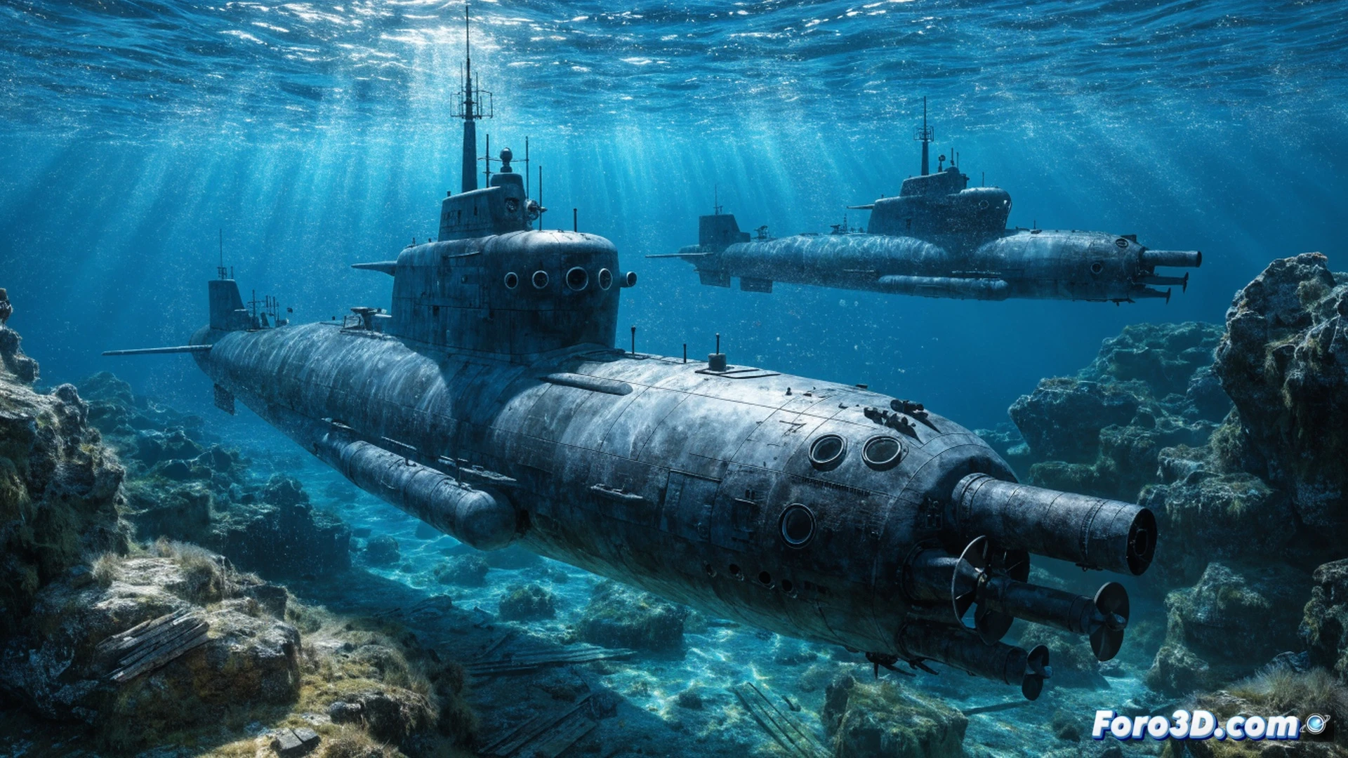 tres submarinos militares en dique seco durante inspección técnica, ingenieros polacos y suecos revisando sistemas de propulsión y sensores acústicos, pantallas táctiles mostrando datos de navegación en el Báltico, herramientas de mantenimiento sobre cubierta metálica, luces de emergencia azules y rojas reflejándose en cascos oscuros, fotorealismo cinematográfico, iluminación industrial dramática, texturas de acero naval con óxido controlado, profundidad de campo en componentes electrónicos expuestos