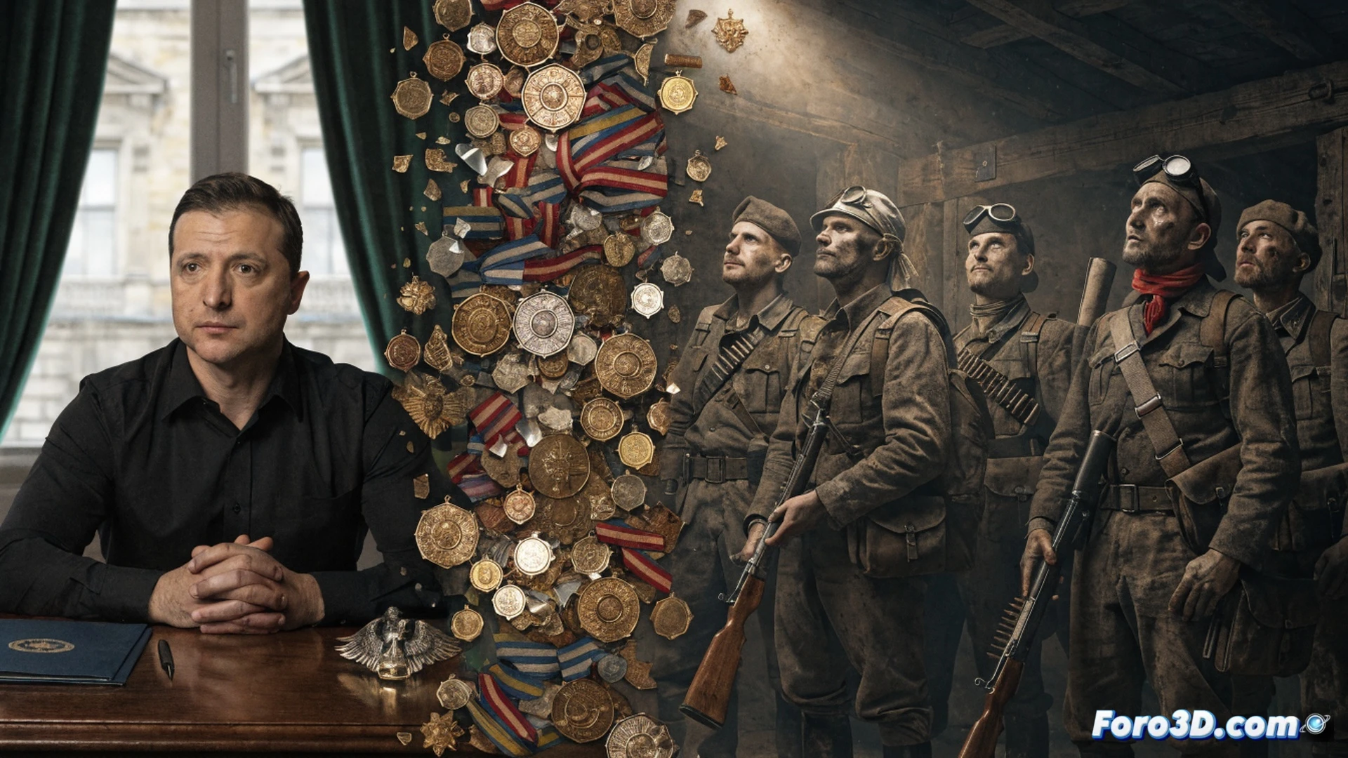 Polish and Ukrainian officials standing at opposite sides of a broken diplomatic table, Polish president Karol Nawrocki holding a medal with a red slash across it, Ukrainian president Zelenski looking at a military unit badge depicting an insurgent group, a torn document titled historical conflict between them, dramatic negotiation room with cold blue and amber lighting, photorealistic political visualization, tense facial expressions, scattered papers on the table, a gavel and pen set aside, ultra-detailed textures on the medal and badge, cinematic composition with shallow depth of field, realistic diplomatic tension scene
