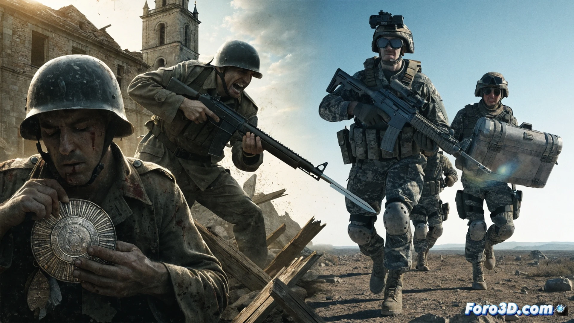 Cinematic photorealistic scene showing a Polish official in a modern military uniform removing a medal from a Ukrainian soldier’s chest while a large digital map of Eastern Europe glows behind them, red arrows indicating Russian aggression, the soldier’s hand reaching forward in a gesture of partnership, a cracked stone plaque on the wall depicting a historical massacre scene fading into shadow, dramatic contrast between bright present-day technology and dark historical symbols, ultra-detailed fabric textures, realistic skin tones, moody chiaroscuro lighting, technical illustration style, action of removal and rejection frozen in time.