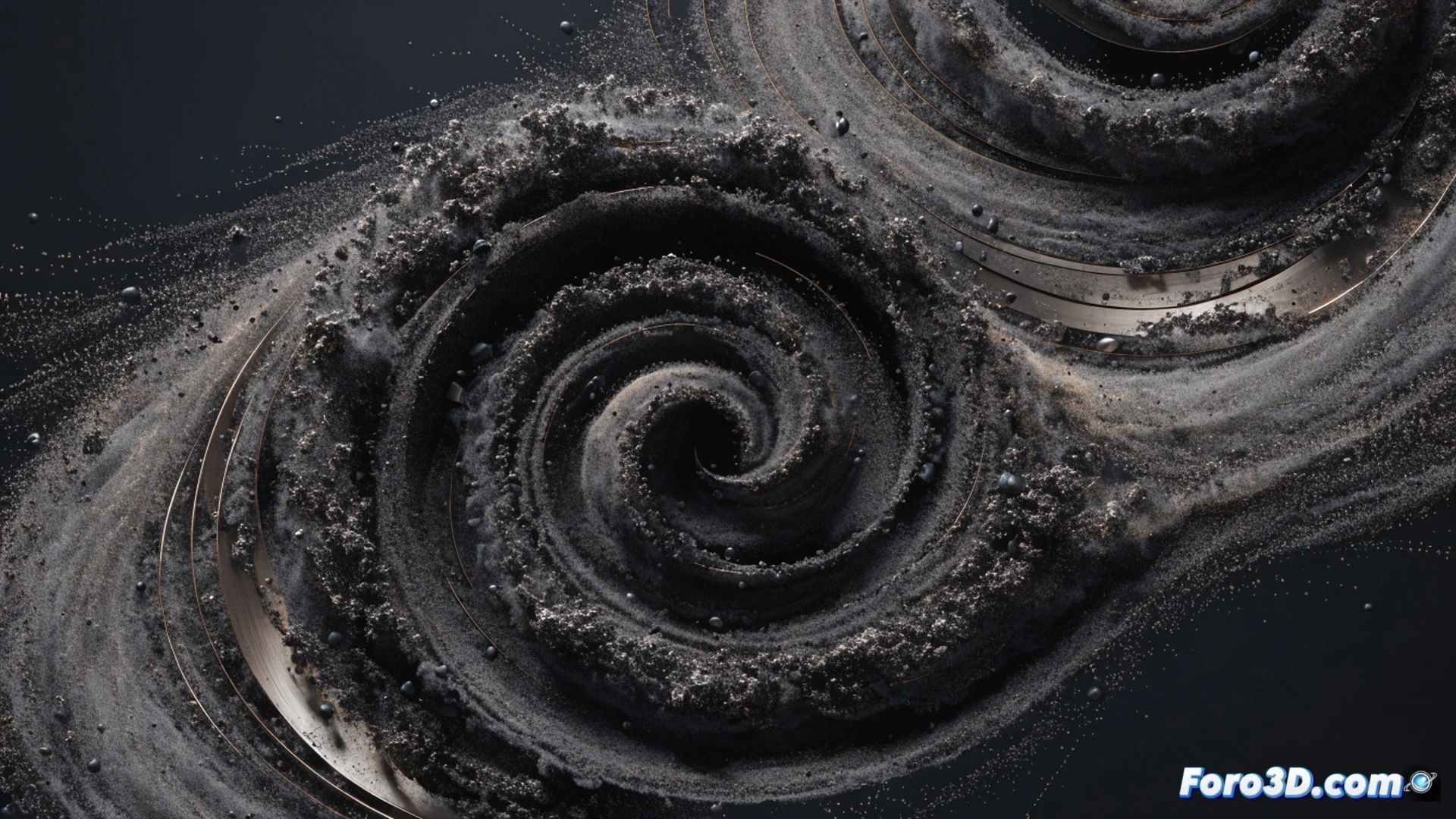 Microscope view of metallic dust particles forming precise spiral patterns on a circuit board, tiny gears and robotic arms hovering above the debris, particle trajectories traced with glowing algorithmic lines, dust motes suspended mid-air during a choreographed dance, mechanical clockwork components spinning in background, industrial workshop lighting with blue and amber tones, cinematic engineering visualization, hyper-detailed surface textures, photorealistic technical illustration showing controlled chaos