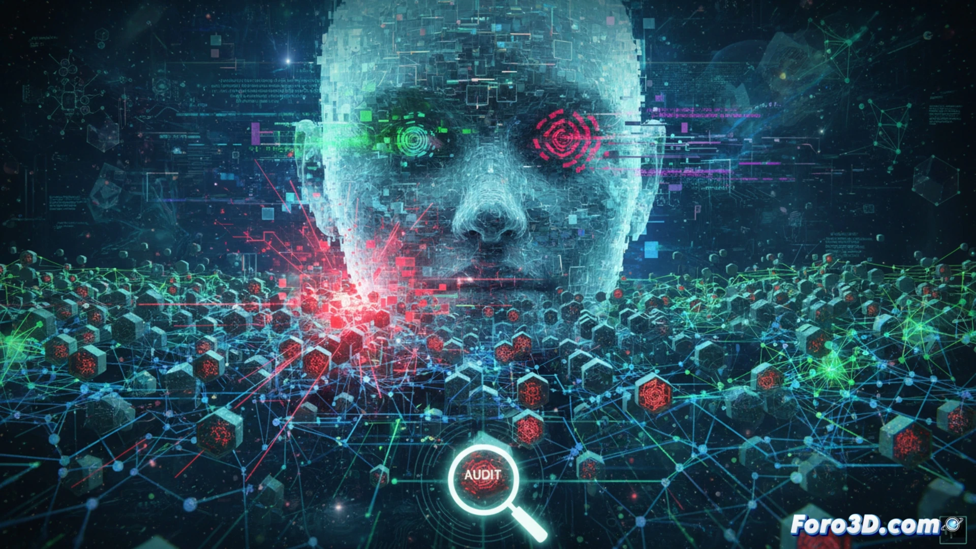 Malla de sensores microscópicos con un nodo roto emitiendo datos falsos, representando el fallo de integridad en polvo inteligente.