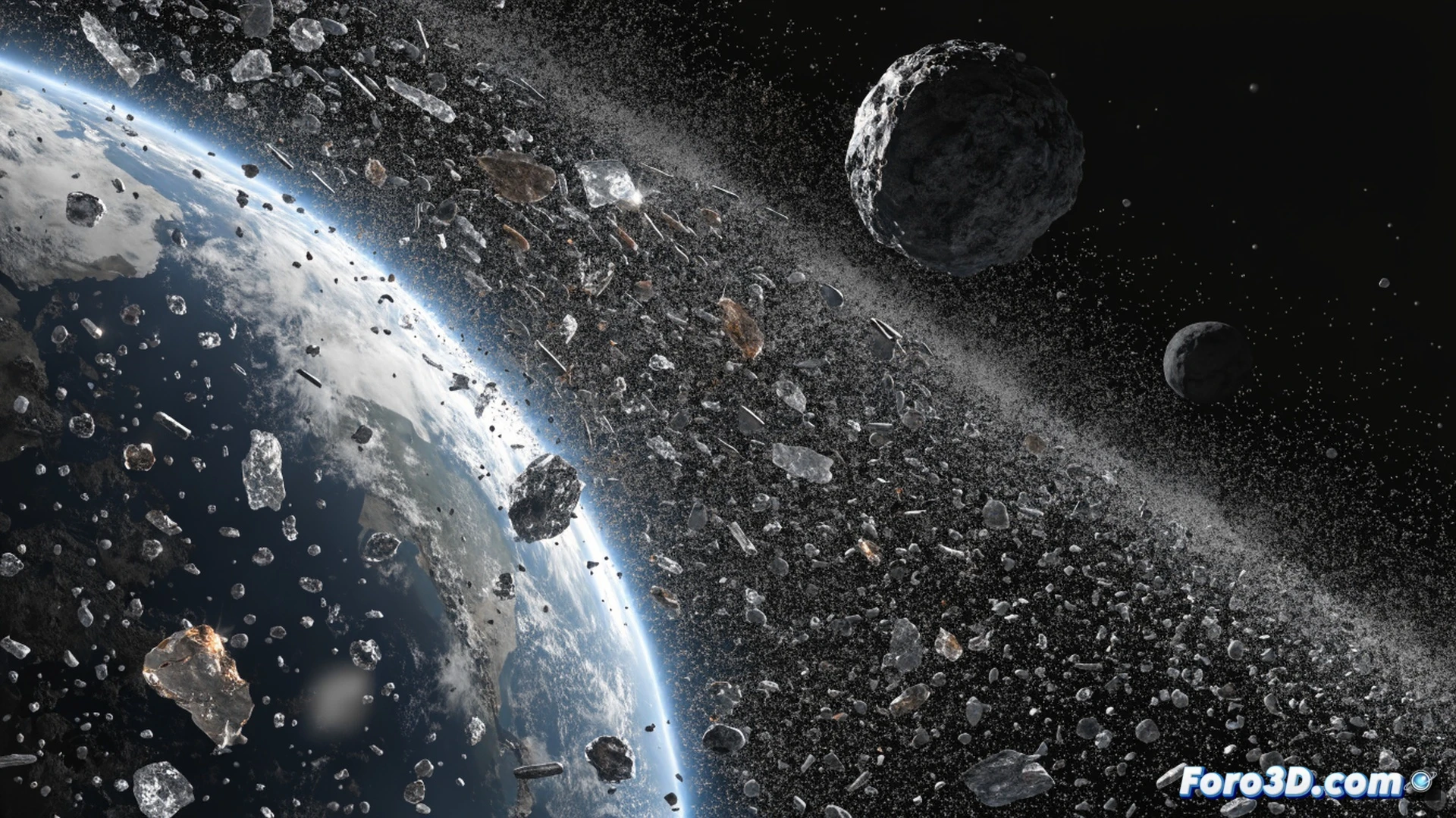photorealistic scene of microscopic radioactive dust particles falling through Earth's upper atmosphere, glowing plutonium-244 isotopes drifting downward from deep space, a neutron star collision aftermath visible as a distant nebula in the background, particles interacting with atmospheric molecules, scientific visualization showing decay trails, dark cosmic backdrop with Earth's curved horizon, cinematic lighting with soft blue atmospheric glow, ultra-detailed dust motes with faint radioactive luminescence, technical illustration style, motion lines indicating 100-million-year journey, silent descent through stratospheric layers