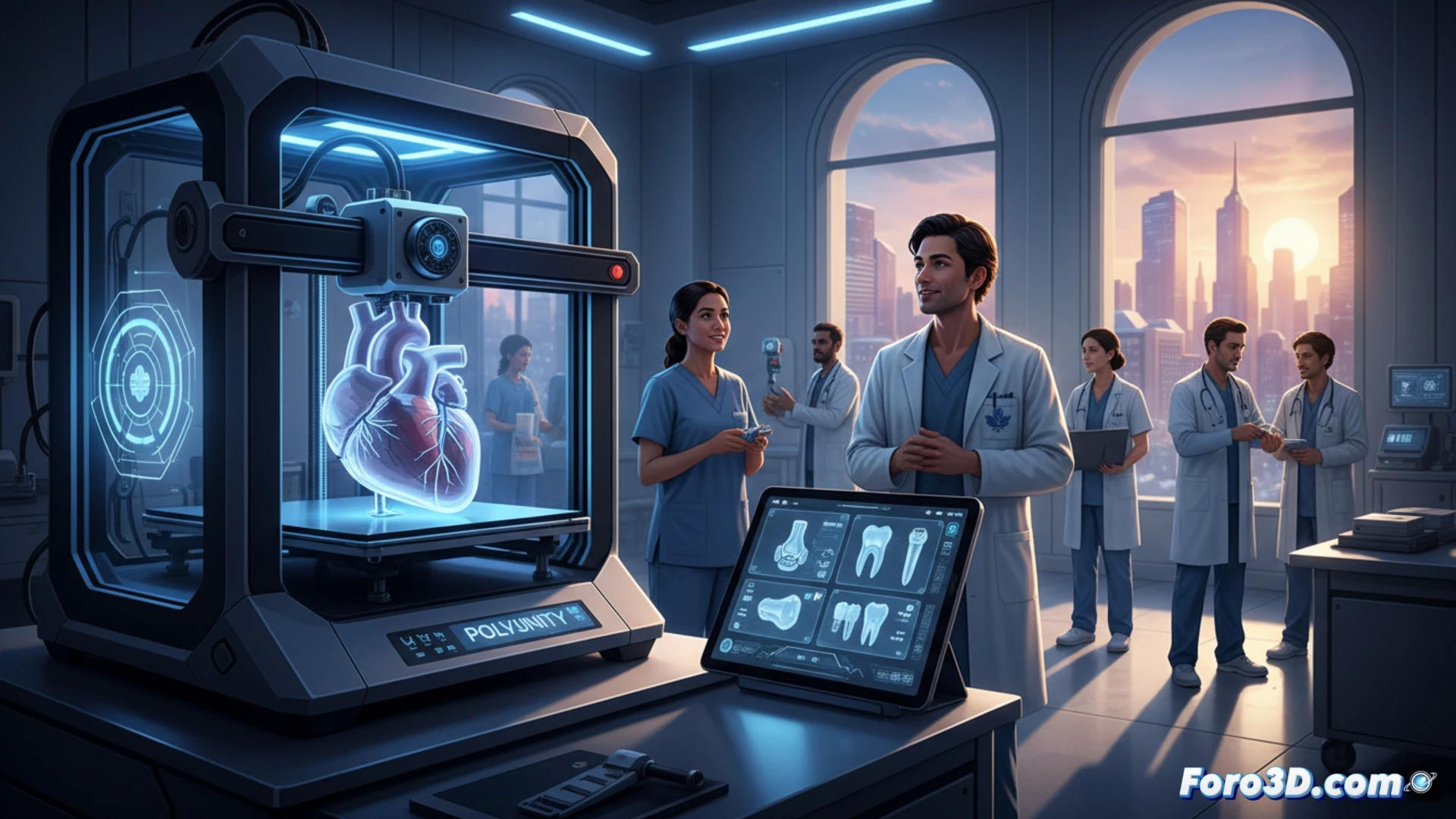Photorealistic cinematic scene of a hospital room where a surgeon holds a custom 3D-printed medical implant while a digital monitor displays a rotating CAD model of the same part, a desktop 3D printer in the background finishing a white polymer component, surgical tools and a tablet showing PolyUnity interface on the bedside table, soft clinical lighting with blue accent glow from the screen, ultra-detailed plastic layer lines visible on the printed piece, clean modern hospital environment, technical medical visualization emphasizing rapid prototyping workflow, action of design-to-print process demonstrated in one frame