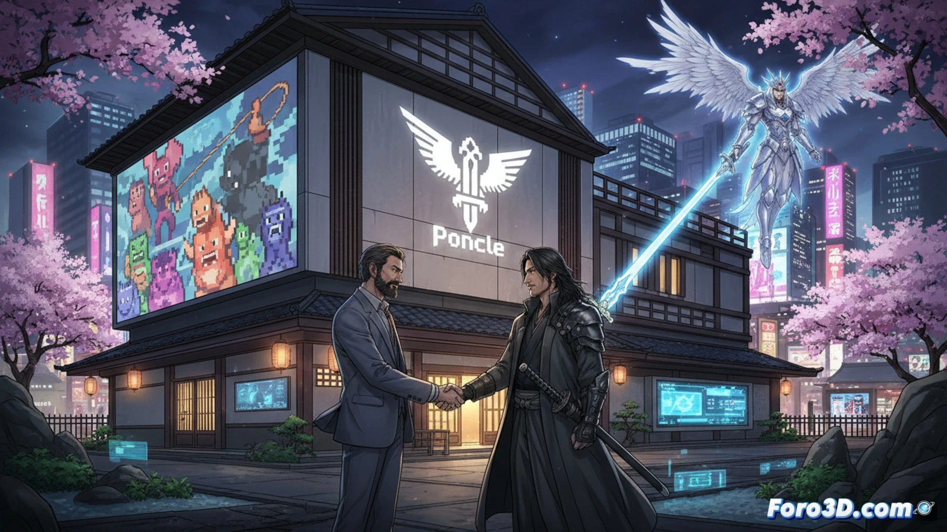 Japanese game studio interior, Sawaki Takeyasu reviewing pixel-art character sprites on dual monitors, hand gesturing over a Wacom tablet showing El Shaddai concept art, Poncle logo on a coffee mug, Luca Galante observing while pointing at a Vampire Survivors gameplay timeline on a wall display, software UI elements like Unity engine and version control logs visible on screens, desks with mechanical keyboards and stylus pens, cinematic photorealistic style, soft ambient lighting from paper lanterns, blue and orange color contrast, ultra-detailed textures on tech equipment, dramatic shadows emphasizing creative collaboration, technical illustration aesthetic