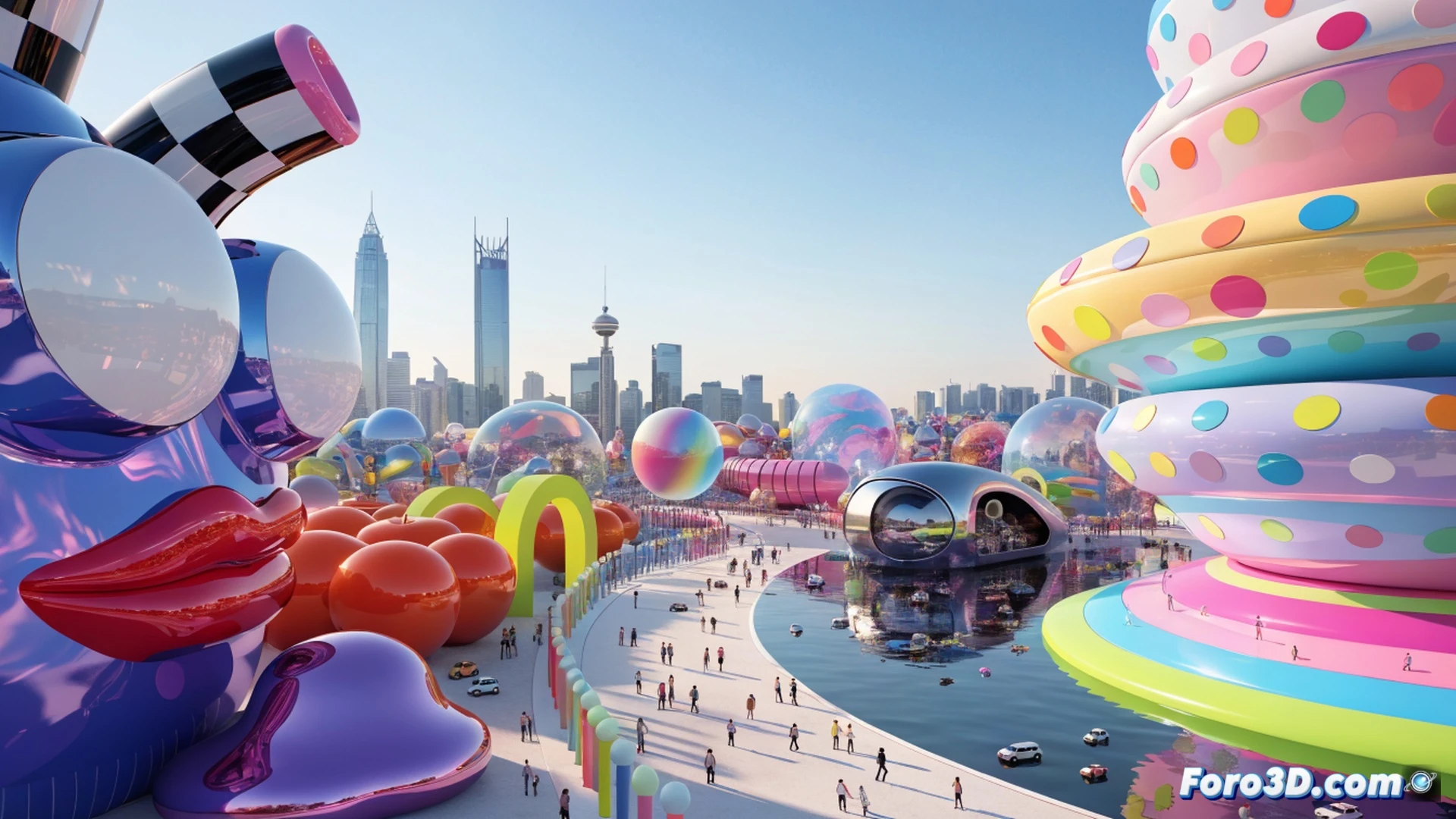 Pop Land entrance in Beijing, visitors walking toward a giant Labubu statue while a family interacts with a claw machine grabbing exclusive blind boxes, theme park rides visible in background with roller coaster tracks and colorful pop art structures, cinematic photorealistic render, bright daylight, crowds holding collectible figures, action of kids jumping near a prize booth, technical engineering visualization of ride mechanisms and queue barriers, metallic railings reflecting sunlight, ultra-detailed architectural details, dramatic depth of field, vibrant neon accents on buildings