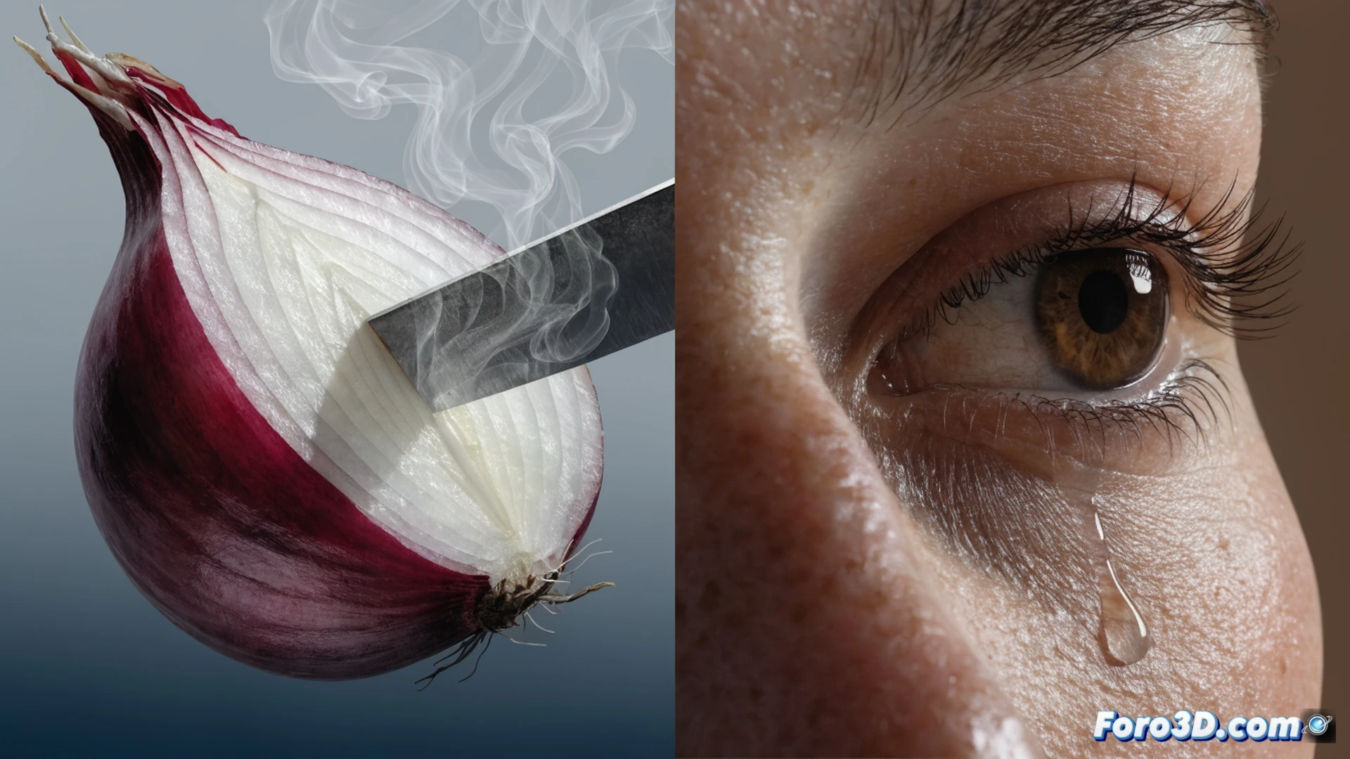 Photorealistic technical illustration of a person cutting a yellow onion on a wooden cutting board, tears streaming down their face while a second person beside them remains unaffected with dry eyes, molecular scale chemical particles rising from the onion surface, glowing microscopic syn-propanethial-S-oxide molecules interacting with ocular nerve receptors shown as luminous blue pathways, knife blade reflecting kitchen light, scientific laboratory environment with beakers and pipettes in background, cinematic dramatic lighting, ultra-detailed skin texture and tear droplets, engineering visualization style, high contrast shadows emphasizing chemical sensitivity process