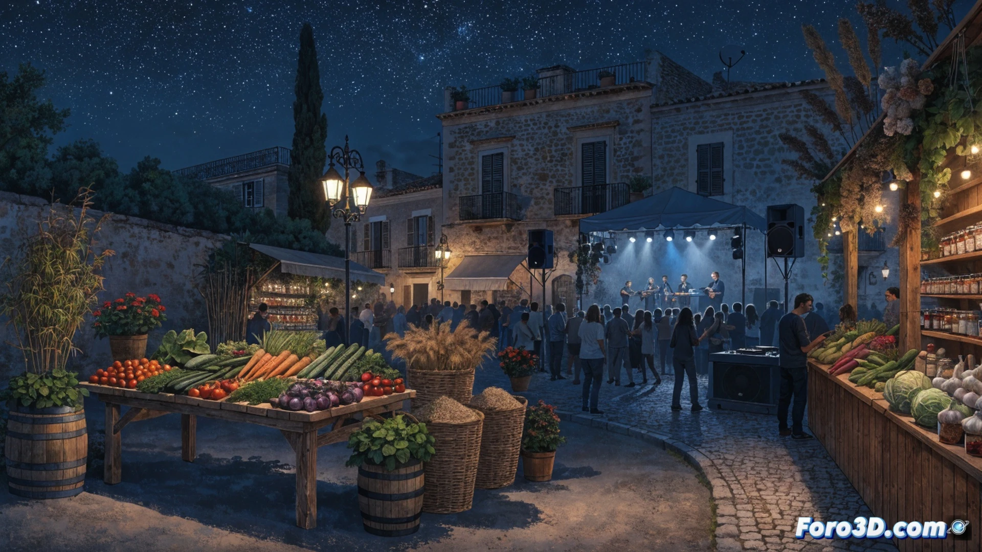 Night market scene in Porreres, Mallorca, fifty wooden stalls arranged in a plaza, local farmers handing fresh organic vegetables to customers during the XIX Diada de Agricultura Ecológica, a chef demonstrating olive oil tasting from a ceramic amphora, acoustic guitar player performing near a stone church, solar-powered LED string lights illuminating the crowd, cardboard signs reading ecological products without text, compostable plates with tapas being passed, photorealistic cinematic night photography style, warm golden ambient light, shallow depth of field focusing on a transaction of a woven basket full of tomatoes, festive yet sustainable atmosphere, ultra-detailed textures of stone pavement and wooden crates