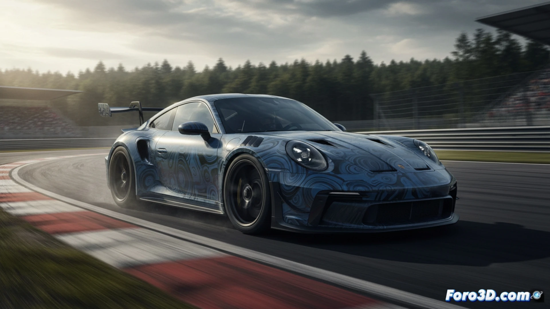 Porsche 911 GT3 RS 2028 prototype testing at Nürburgring, front bumper with enlarged air intakes and active flaps, rear wing redesigned with taller carbon fiber endplates, engine bay partially exposed showing a smaller turbocharged block instead of the large naturally aspirated unit, exhaust tips glowing orange during hard acceleration on a rain-slicked track, motion blur on wheels, technical engineering visualization, photorealistic automotive render, dramatic overcast lighting, carbon fiber weave texture visible, brake discs glowing red under heavy braking