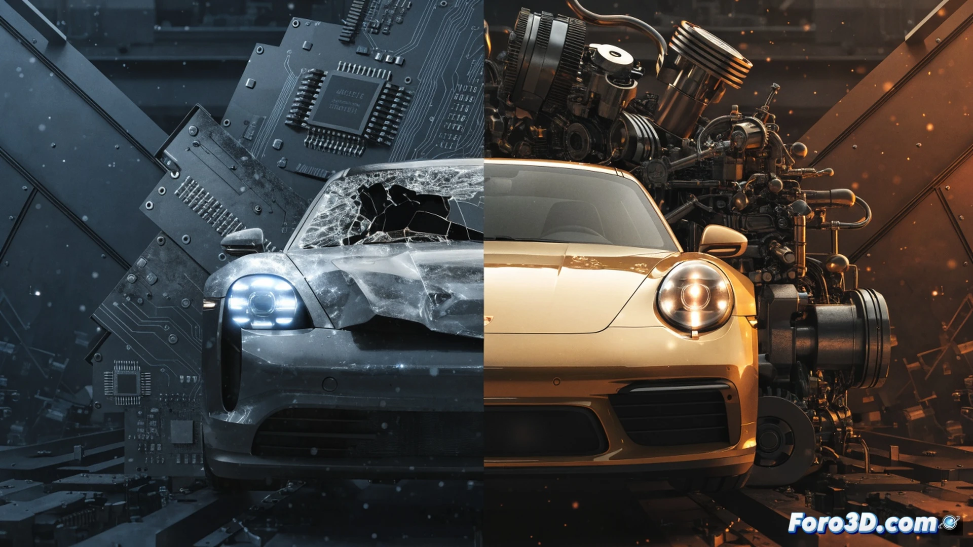 Porsche Taycan cutaway model on a factory floor, engineers pointing at a broken battery module while a red 911 prototype sits covered in dust behind them, diagnostic cables snaking across concrete, software error code displayed on a tablet screen, abandoned charging station in background with weeds growing, cinematic photorealistic engineering visualization, harsh overhead industrial lighting, metallic reflections on tools, frustrated body language, mechanical components partially disassembled, dramatic shadows, ultra-detailed automotive workshop scene
