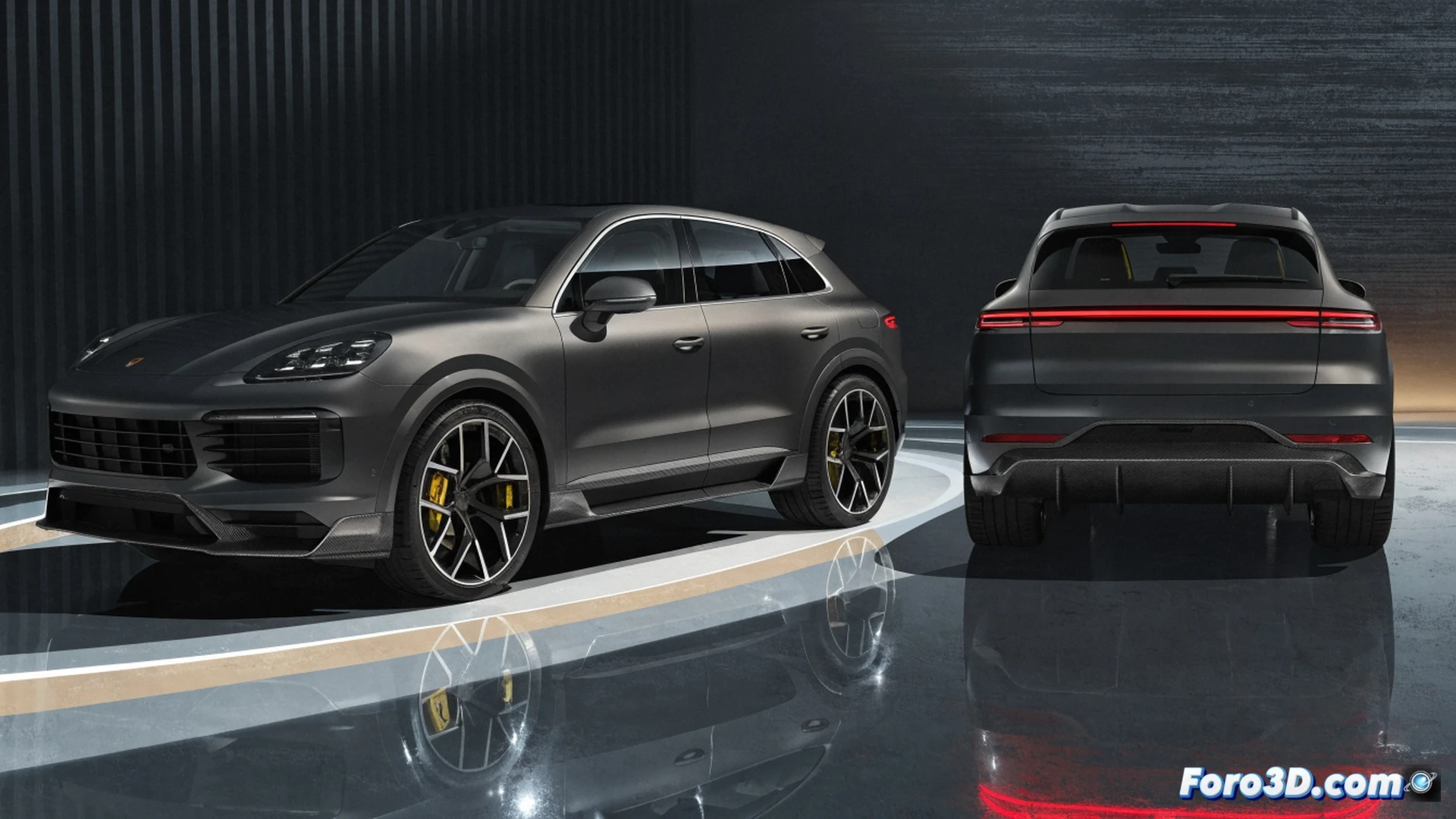 Porsche Cayenne Turbo E-Híbrido 2027 en movimiento durante una prueba nocturna en autopista, luces LED delanteras iluminando el asfalto mojado, sistema de frenos cerámicos brillando al rojo vivo mientras reduce velocidad, escape cuádruple expulsando gases visibles, suspensión neumática comprimiéndose en curva, difusor trasero activo desplegado, llantas de aleación forjadas con neumáticos anchos, ambiente urbano con reflejos de edificios, estilo cinematográfico y fotorrealista, iluminación dramática con contrastes altos, detalles metálicos pulidos, textura de carbono visible en capó, sombras profundas marcando líneas aerodinámicas
