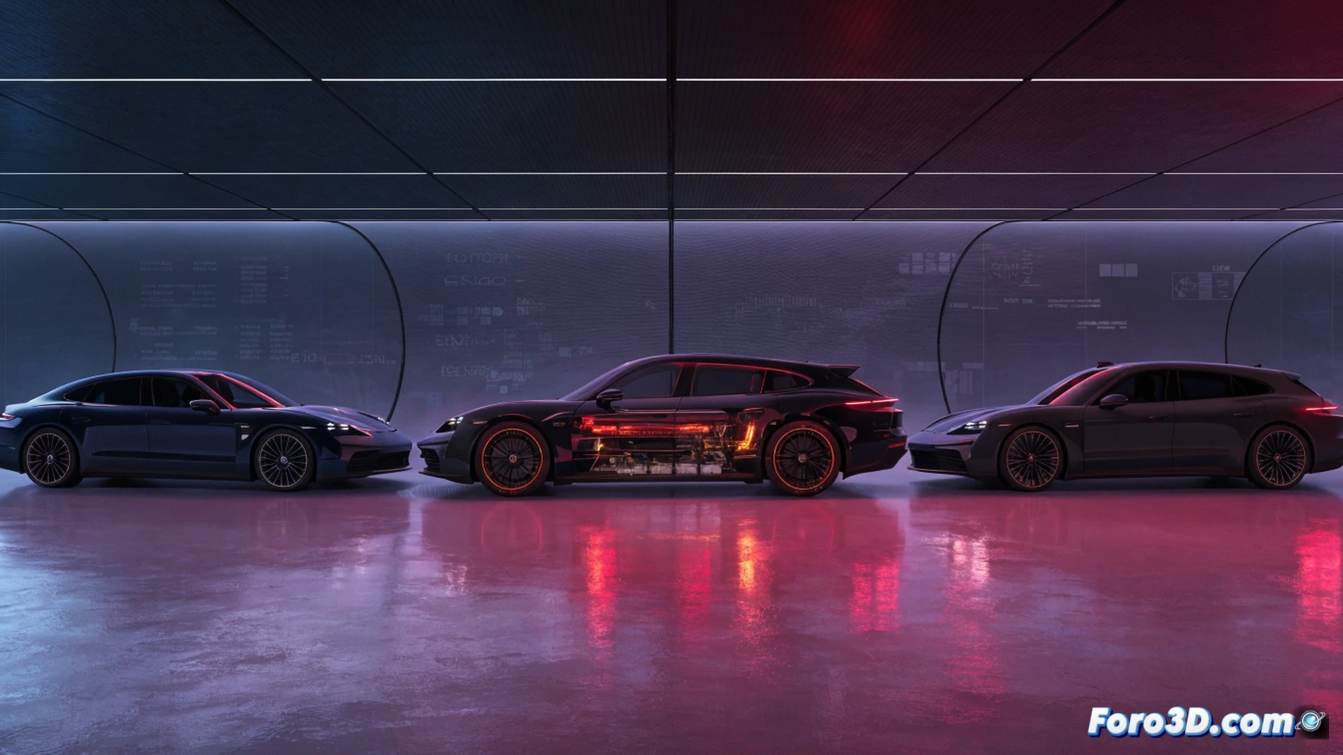 Porsche Taycan Cross Turismo station wagon body being disassembled by robotic arms in a factory, conveyor belt moving the chassis away while a single sedan model remains on the production line, glowing red sales charts on a holographic display showing steep decline from 2023, engineering tools and wiring harnesses scattered on a metal workbench, cinematic technical visualization, dramatic side lighting emphasizing the removal of roof rails and rear cargo components, photorealistic industrial render, ultra-detailed carbon fiber and aluminum surfaces, cold blue workshop atmosphere with warm accent lights on the machinery