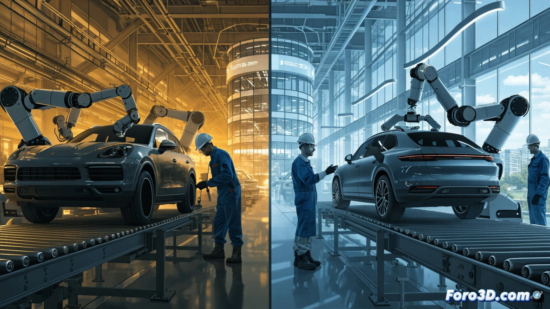Photorealistic scene of a Porsche Cayenne car body suspended on an automated assembly line in a Leipzig factory, German and Slovakian flags visible on a large industrial map behind it, workers in blue uniforms adjusting robotic arms while a manager holds a contract with salary reduction figures, contrast between modern high-tech production equipment and tense human negotiation, dramatic overhead lighting casting shadows on the factory floor, detailed mechanical components and conveyor belts in motion, cinematic engineering visualization, ultra-realistic textures on metal and plastic surfaces