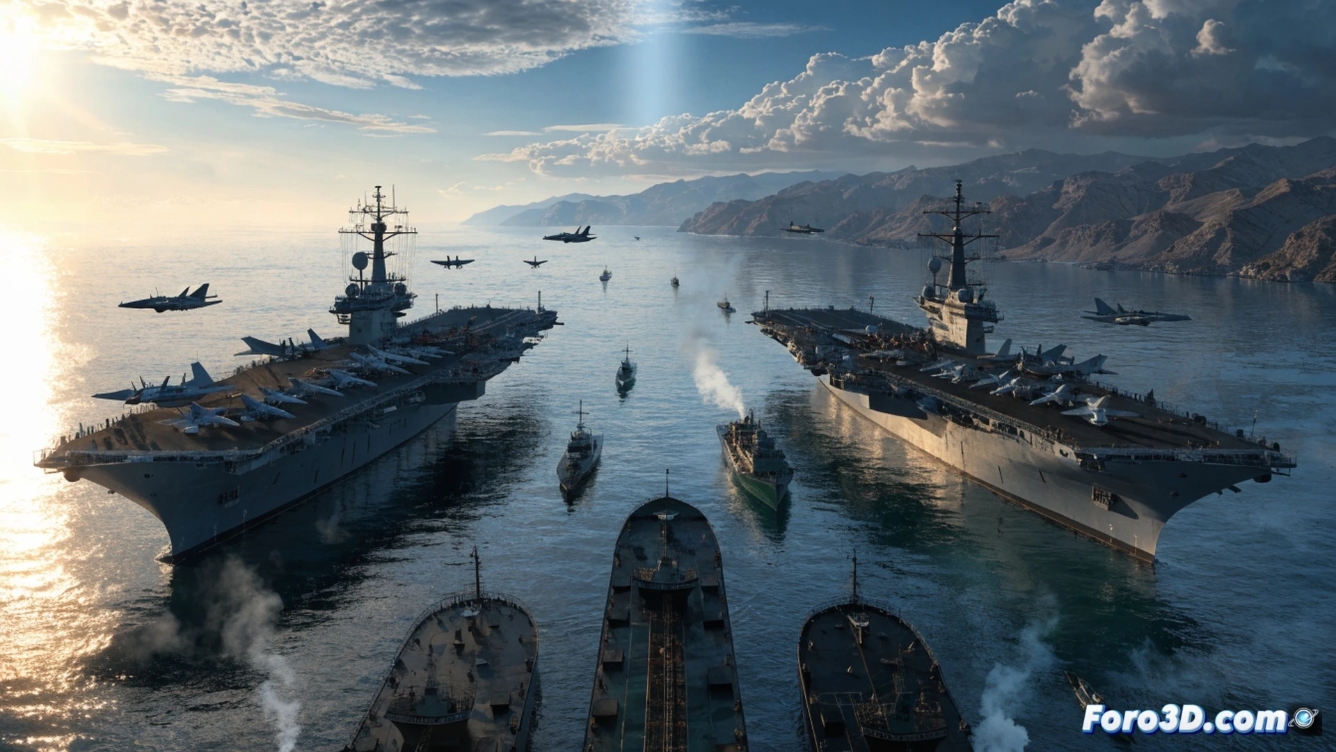 Two aircraft carriers in Persian Gulf waters at sunset, a fighter jet launching from one deck with visible afterburner flame, naval escort ships forming a defensive perimeter, oil tanker navigating in background near Strait of Hormuz, radar dishes rotating on command bridge, crew in communication headsets monitoring screens showing real-time navigation data, dramatic maritime lighting with golden hour reflections on choppy sea, photorealistic military visualization, ultra-detailed metallic hull textures, action demonstrating naval pressure during nuclear negotiations