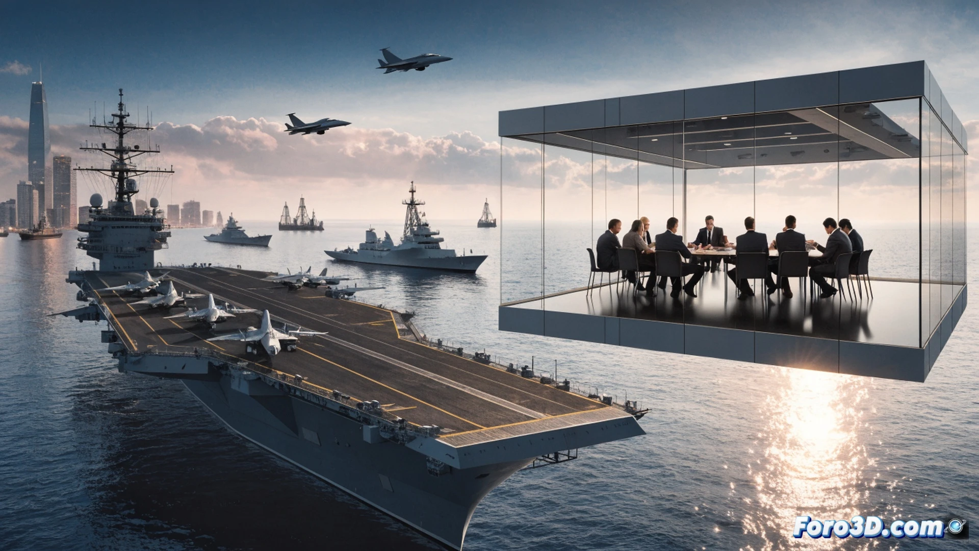 Aircraft carrier anchored in Persian Gulf with fighter jets on deck, a diplomatic negotiation table floating on water directly in front of the bow, naval cannons aimed at the table while oil barrels spill crude into the sea, civilians struggling to carry heavy fuel costs on their backs, cinematic photorealistic engineering visualization, dramatic sunset lighting over metallic warship, tension between military hardware and fragile peace talks, ultra-detailed naval architecture, realistic ocean reflections, wide-angle lens emphasizing scale imbalance