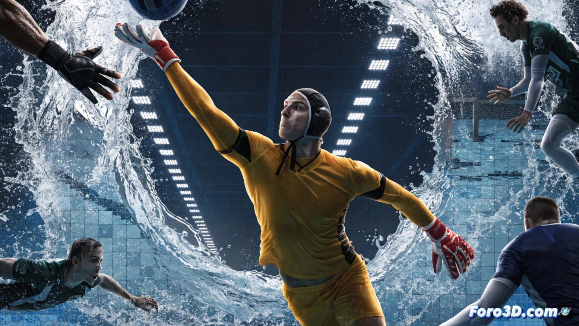 water polo goalkeeper making a diving save, ball splashing water near left post, 16 glowing handprints on pool wall behind him, penalty shootout moment with opponent shooter in background, cinematic sports photography style, dramatic side lighting, blue water reflections, crowd blurred in stands, action frozen mid-air, photorealistic dynamic scene, water droplets suspended, intense athletic expression visible through mask