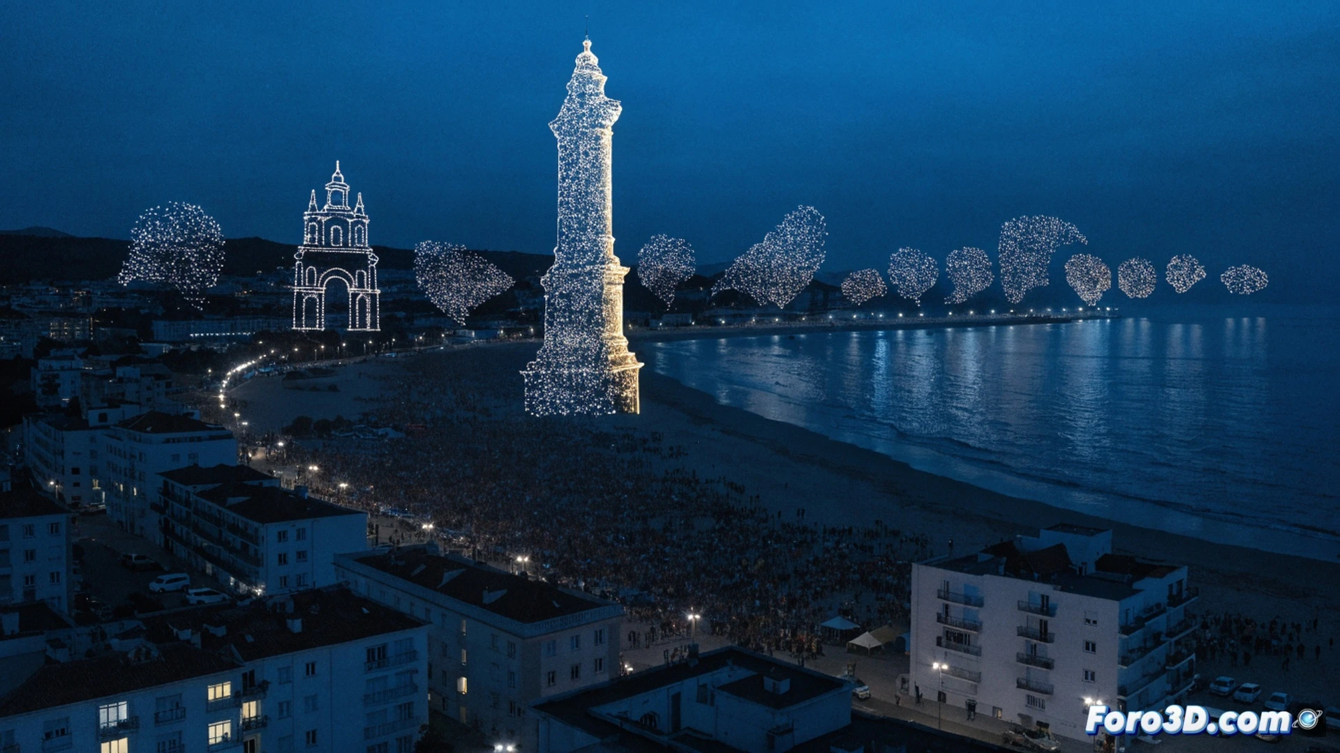 3.100 drones formando un mapa tridimensional de Portugal sobre la playa nocturna de Matosinhos, luces LED sincronizadas parpadeando en patrones de ondas durante la coreografía aérea, estación de control terrestre con antenas parabólicas y pantallas mostrando telemetría en tiempo real, operadores ajustando parámetros de vuelo en software de orquestación, multitud observando desde la arena mientras los drones trazan la silueta de la Torre dos Clérigos, cielo estrellado despejado, brisa marina ligera, cinematic engineering visualization, ultra-detailed swarm intelligence, photorealistic night scene