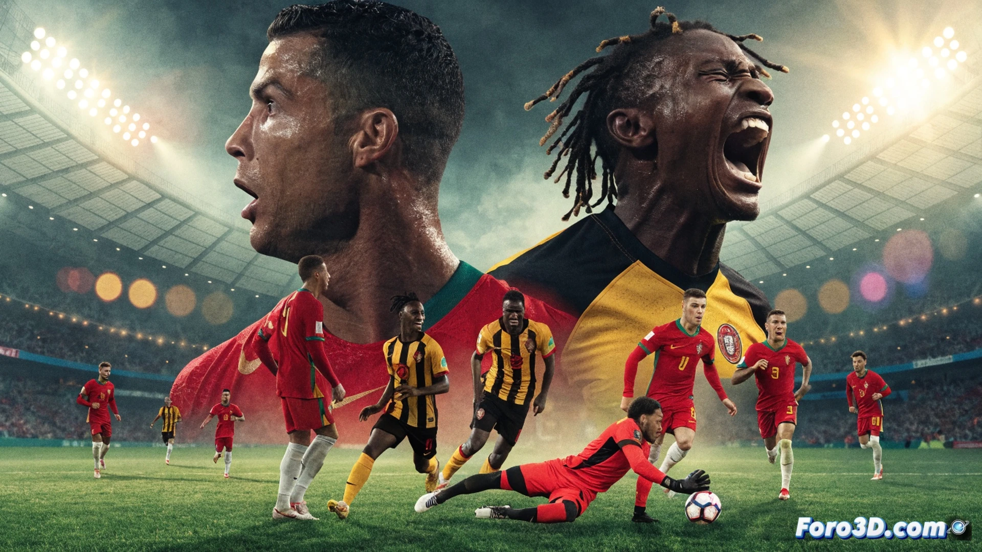 cinematic wide shot of a football stadium at night, Portugal vs Congo match, Cristiano Ronaldo mid-shot missing a clear goal opportunity, ball curving wide of the left post, frustrated expression on his face, stadium scoreboard showing 1-1, red and green Portuguese jerseys contrasting with blue Congolese jerseys, dramatic floodlight beams cutting through dark sky, photorealistic sports photography style, motion blur on players running, deep shadows on the pitch, high contrast lighting, ultra-detailed grass texture, tense atmosphere, technical sports visualization