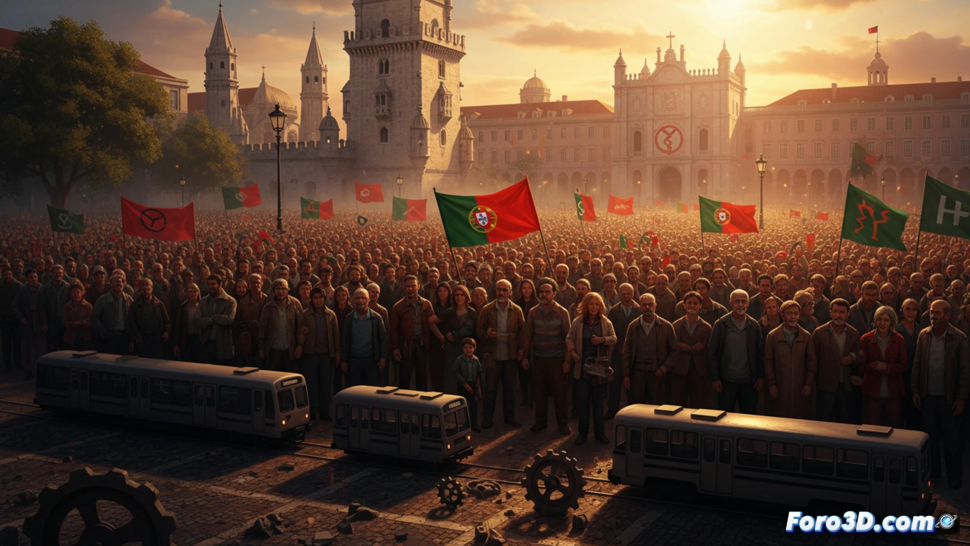 crowded portuguese train station platform at dawn, workers in safety vests holding union flags and banners, motion-blurred stopped metro train in background with dark empty windows, hospital entrance with medical staff joining protest while ambulances idle, school gates chained shut with padlocks, government building facade with broken clock showing frozen time, cinematic documentary style, photorealistic street photography, overcast grey sky, dramatic shadows from street lamps, wet cobblestone reflecting neon signs, ultra-detailed textures of concrete and metal, gritty urban atmosphere, wide-angle lens perspective