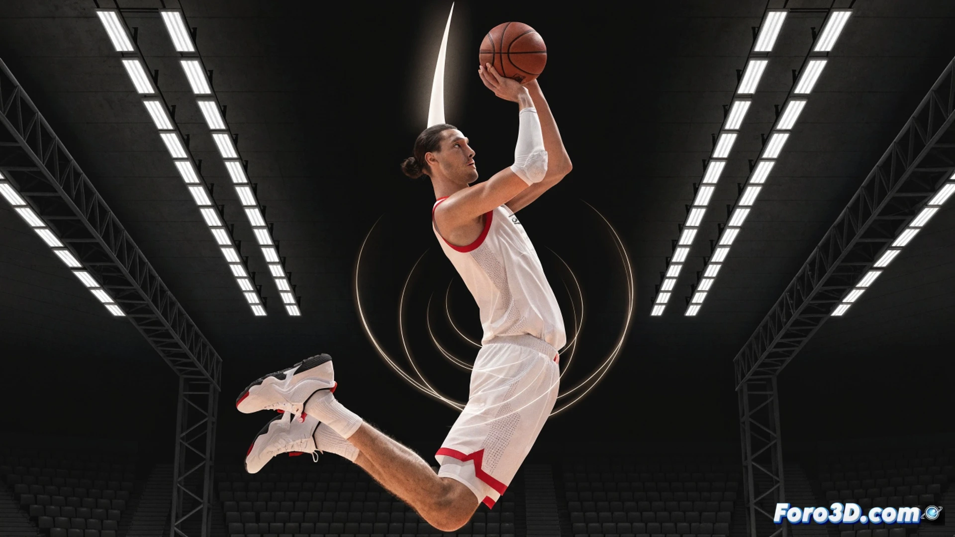 basketball court viewed from above, 3D grid lines mapping spatial zones, towering 2.21m player executing a three-point shot while defensive players shift positions, biomechanical joint angles highlighted with glowing arcs, trajectory lines from release point to hoop, defensive shadow zone expanding under the player, technical engineering visualization, wireframe overlay showing limb kinematics, ultra-detailed muscles and tendons, photorealistic cinematic render, dramatic arena lighting, sweat droplets frozen in motion, court floor reflecting digital analysis data