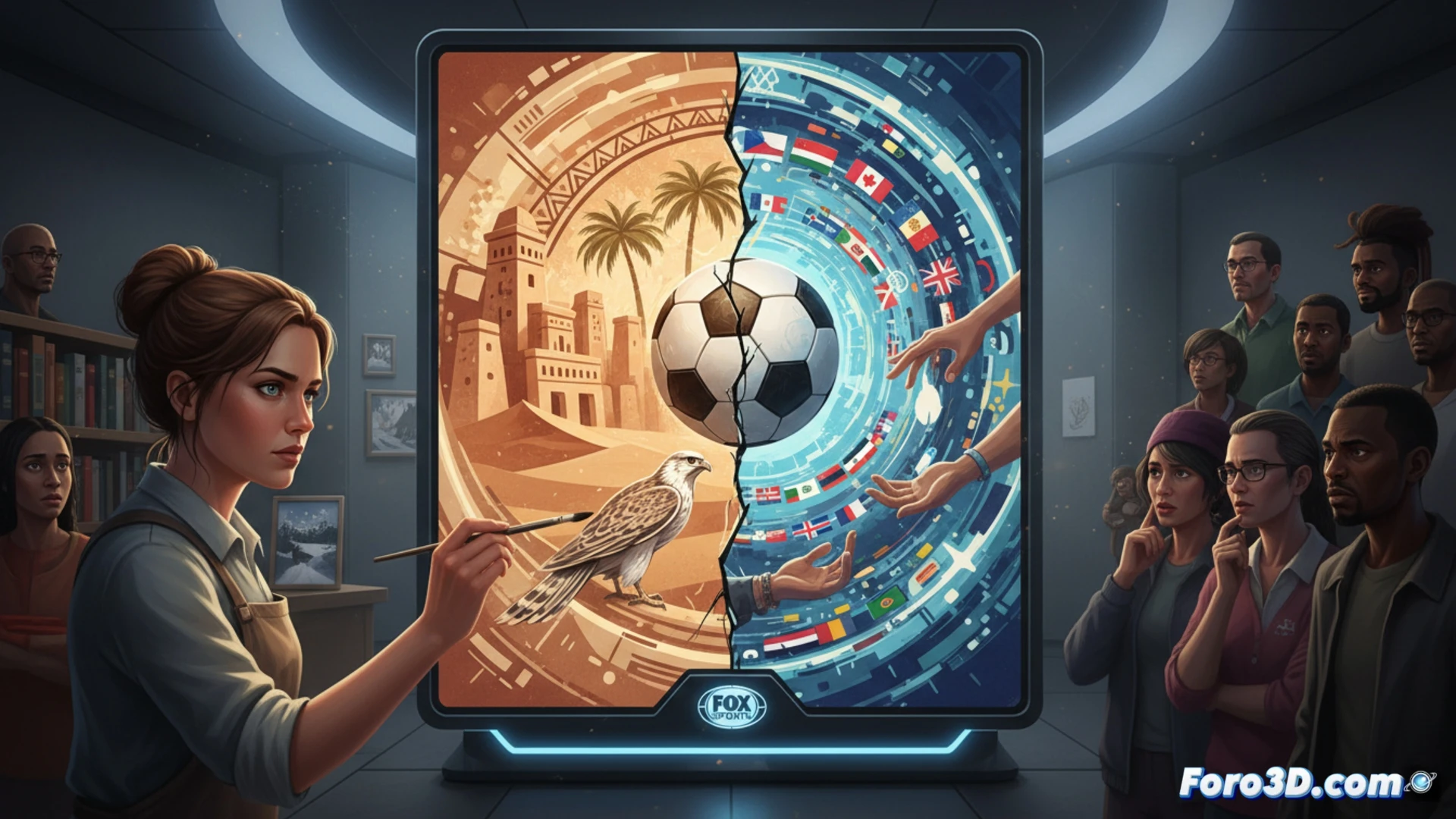 global map projection on studio wall with a Russian woman artist using a digital tablet to sketch a Saudi Arabian desert scene, camels and traditional tents forming on her screen, real-time cultural symbol manipulation, stylized poster layout tools visible, cinematic photorealistic render, dramatic spotlight highlighting her hands and tablet, contrasting Middle Eastern motifs with her Slavic features, blurred background showing Fox Sports logo on a monitor, intense creative process captured mid-stroke, ultra-detailed brush textures on digital canvas