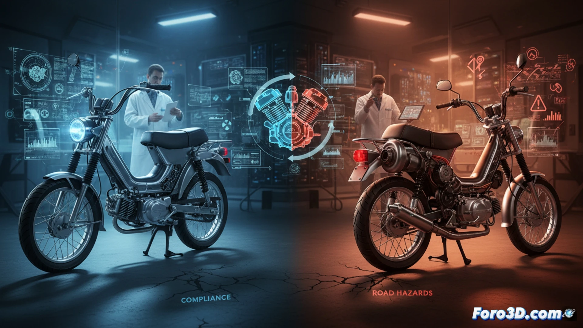 Modelado 3D de motor de ciclomotor con modificaciones ilegales y herramientas de verificación técnica