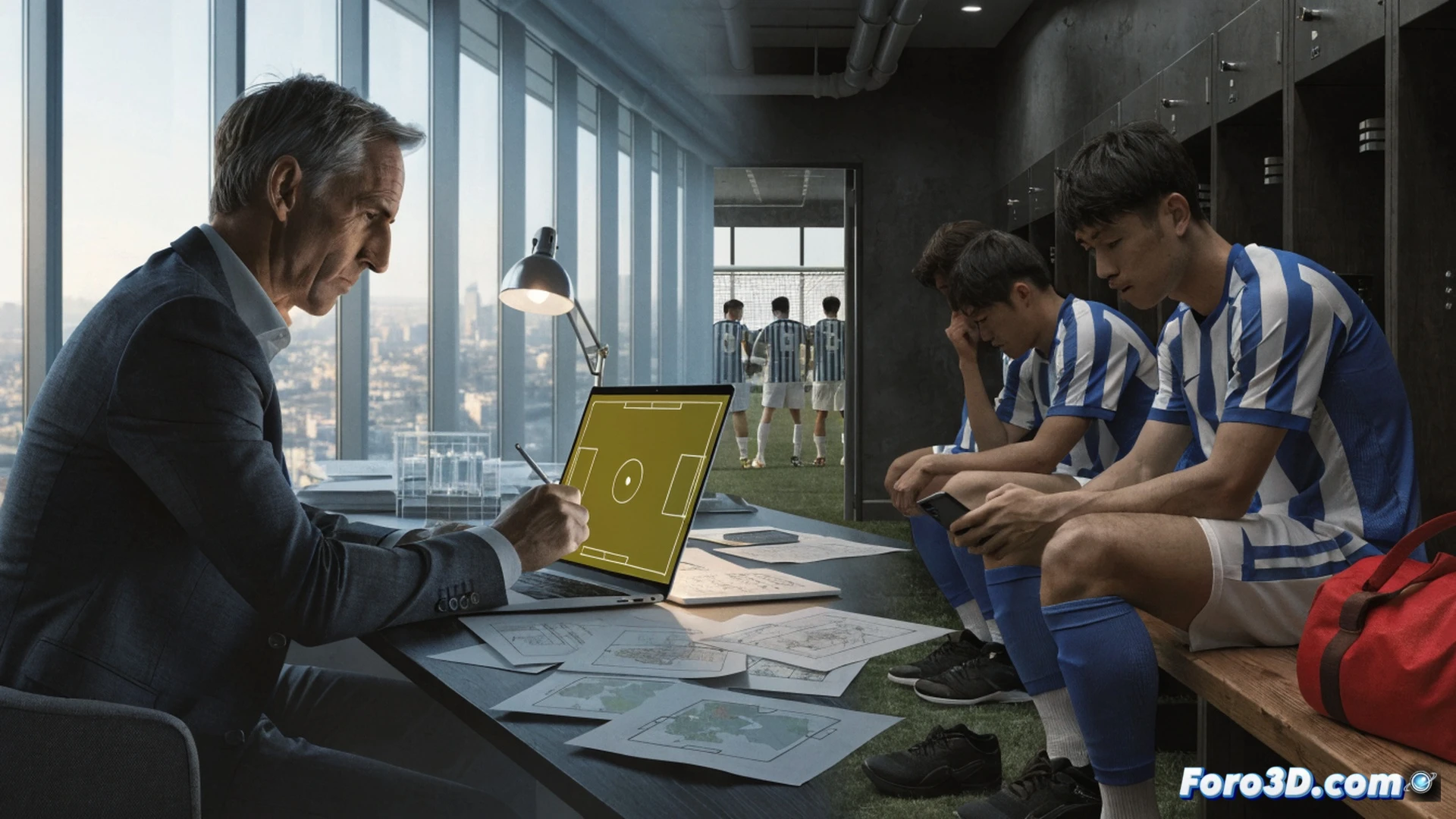 World Cup stadium pitch at twilight, Swedish forward Anthony Elanga sprinting toward goal with ball at feet, Japanese defender sliding in for tackle while three substituted Japanese players watch from sideline, tactical whiteboard with red and blue formations visible in dugout, head coach Graham Potter gesturing instructions, cinematic sports photography style, dramatic floodlight beams cutting through evening air, grass blades disturbed by cleats, sweat droplets frozen mid-air, photorealistic high-speed action shot, stadium crowd blurred in background, intense competitive atmosphere