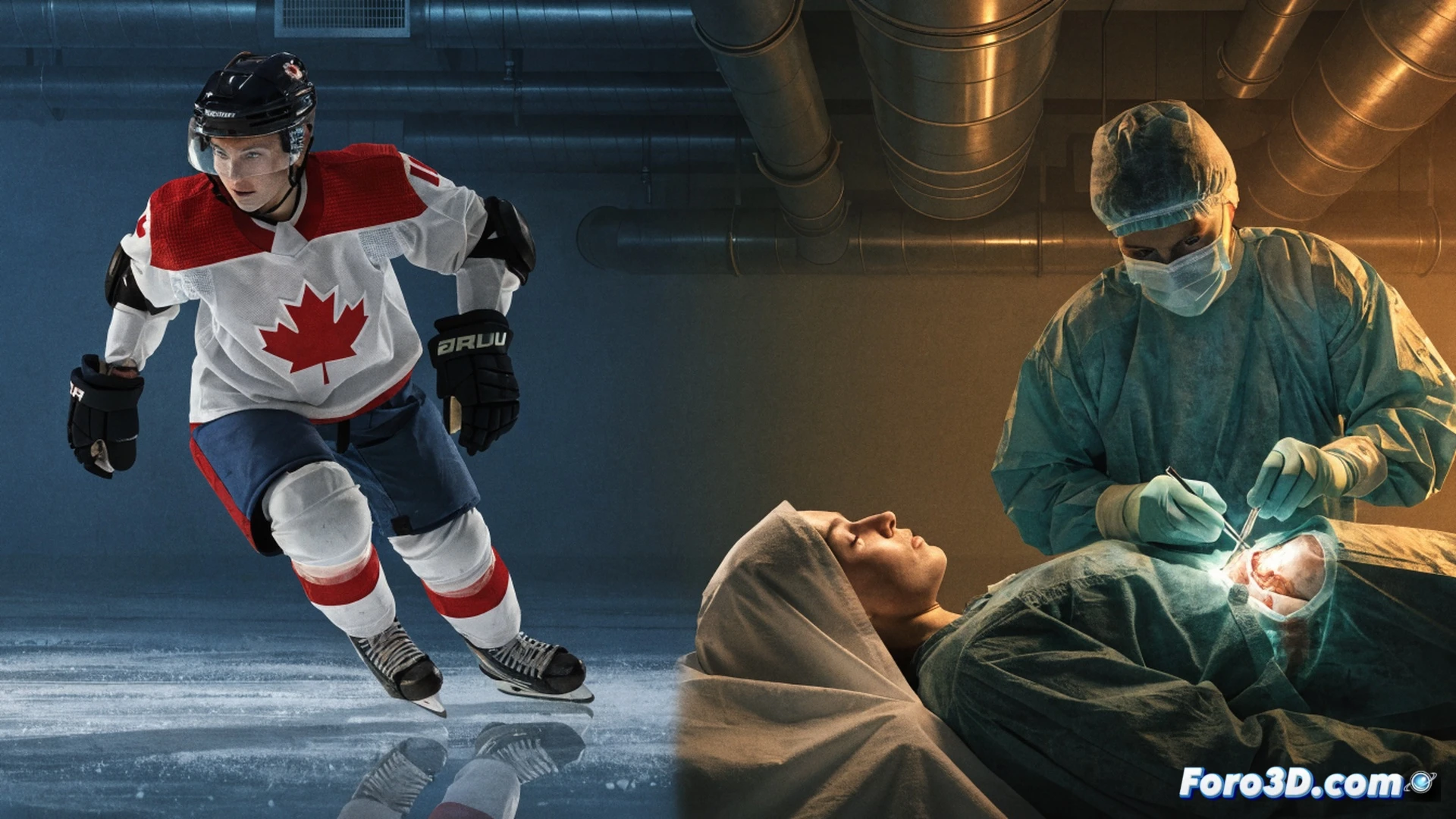 Marie-Philip Poulin kneeling on ice, surgeon team preparing a knee arthroscopy, arthroscopic camera and surgical instruments visible, illuminated by bright operating room lights, her Canadian hockey jersey draped on a chair behind, knee brace on the table, realistic medical environment, sterile blue drapes, focused surgical action, dramatic lighting contrasting ice arena and OR, photorealistic cinematic technical illustration, demonstrating health prioritization over competition