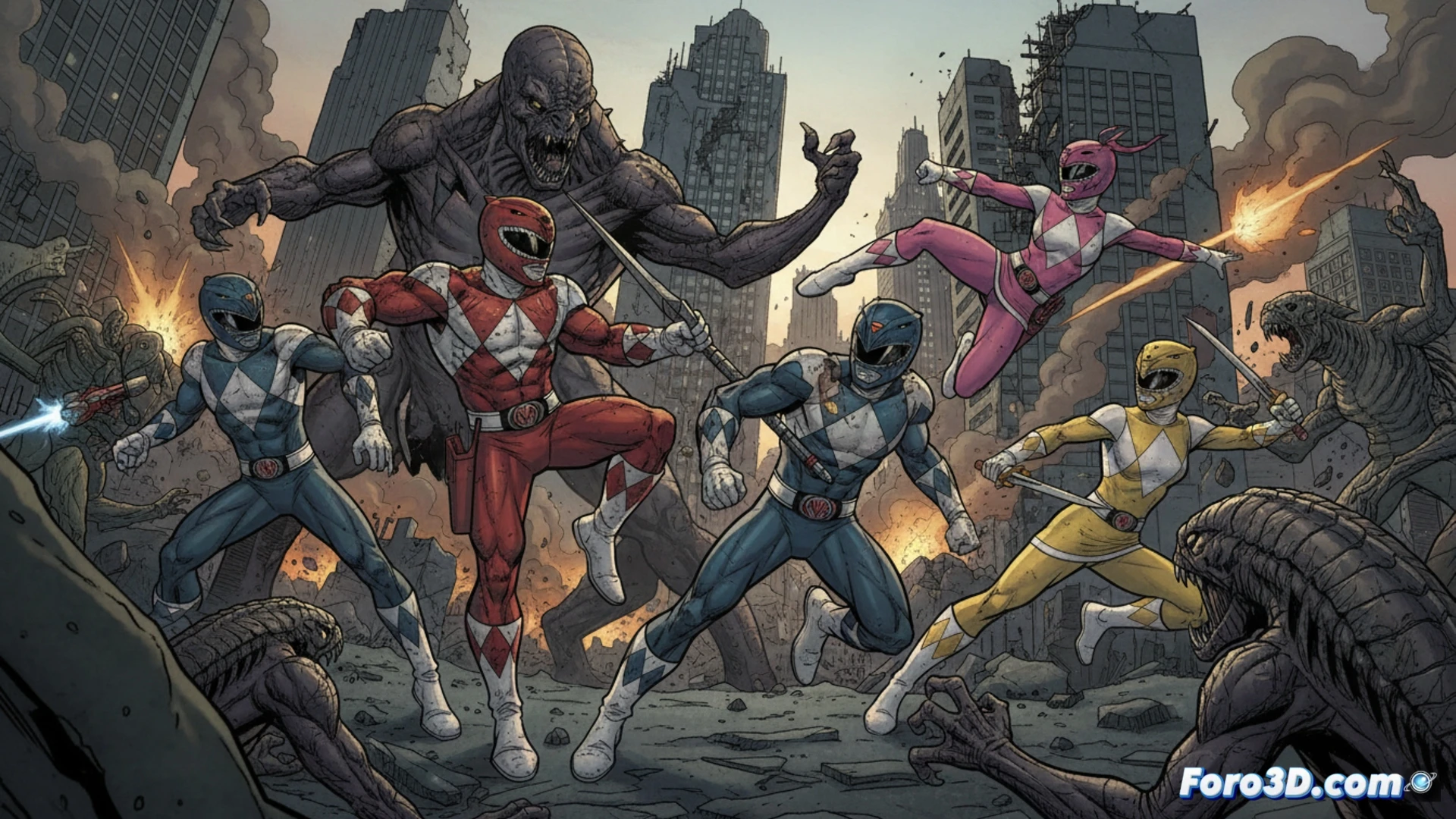 five adult Power Rangers in dynamic combat poses against a crumbling city backdrop, their helmets reflecting debris and smoke, one ranger mid-punch with sparks flying from a broken streetlamp, another blocking a laser blast with a glowing shield, the team standing in a defensive circle but no visible personal items or emotional cues, photorealistic cinematic shot, dramatic low-angle lighting, gritty metallic textures, dust particles in the air, motion blur on the ranger's fists, empty civilian spaces emphasizing lack of connection, hyper-detailed suits with scuff marks, cool blue and red lighting contrast, ultra-realistic visual style