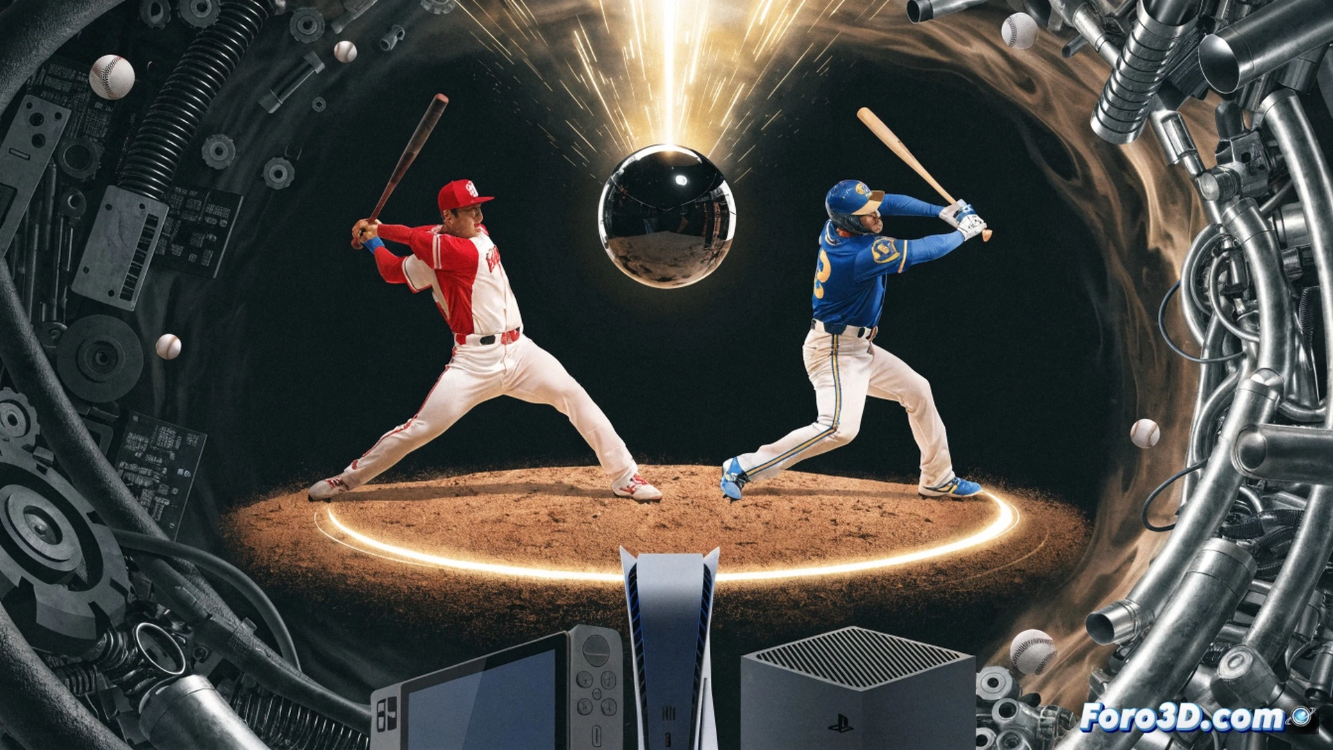 Baseball bat swinging through air, ball mid-impact with bat surface, motion blur on ball seams, stadium lights casting sharp shadows on dirt infield, Nintendo Switch 2 console resting on dugout bench with baseball game paused on screen, controller held by player hand in action pose, dust particles floating under bright floodlights, realistic fabric wrinkles on player uniform, photorealistic sports photography style, dramatic low-angle shot, shallow depth of field focusing on bat-ball contact point, dynamic tension in athlete posture, evening game atmosphere with glowing scoreboard in background
