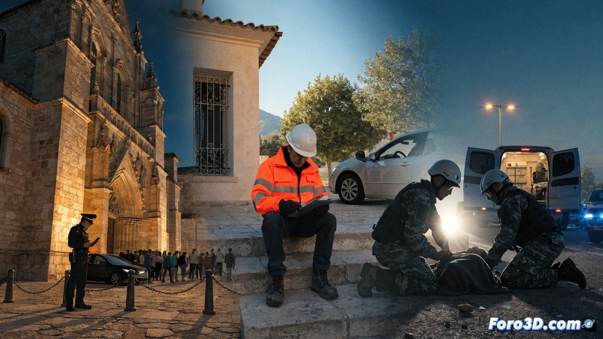 Pozuelo de Calatrava town square at dusk, emergency coordination meeting in progress, police officer pointing at a digital tablet showing a crowd flow map, paramedic adjusting a portable defibrillator kit, volunteer in orange vest holding a two-way radio, blue floodlights illuminating a medical tent, technical illustration style, clean lines, realistic textures, safety barriers and traffic cones visible in background, calm but focused atmosphere, photorealistic engineering visualization