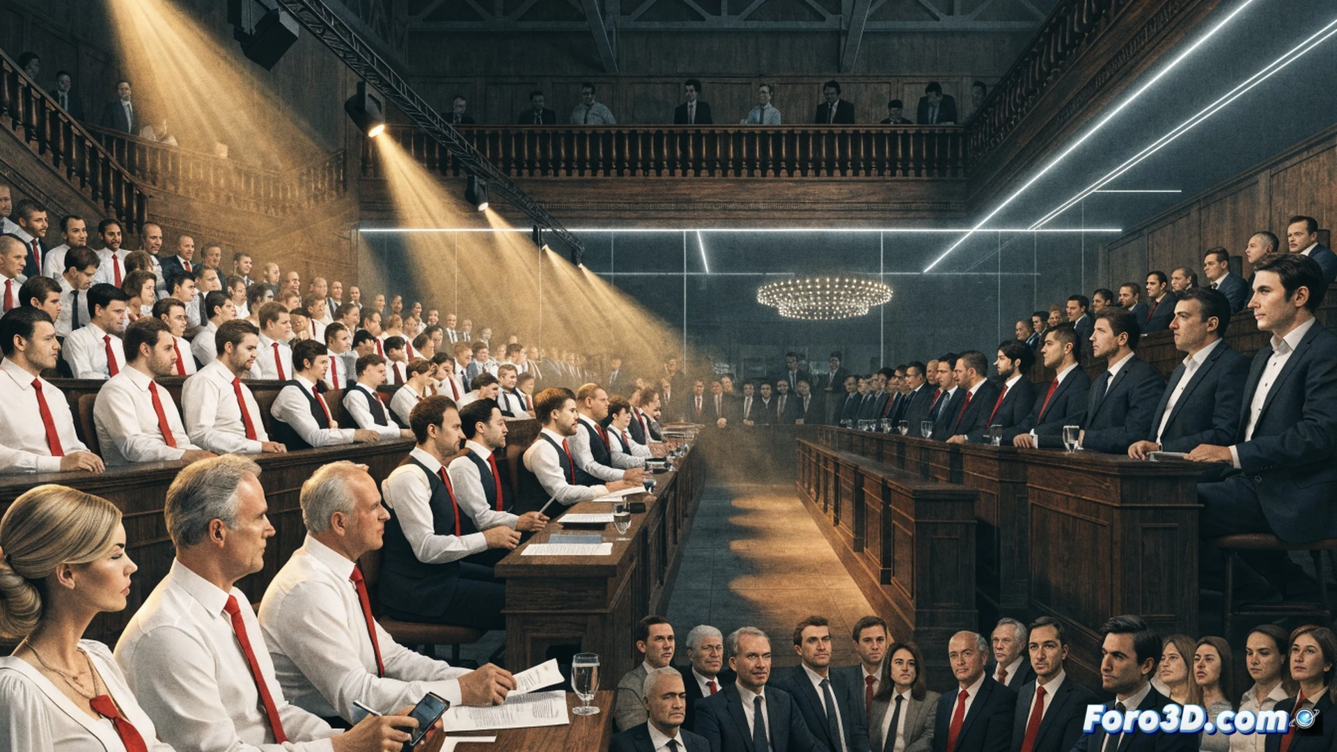 photorealistic wide shot of a parliamentary control room, two politicians from different parties jointly pressing a large red button labeled control on a central console, levers and switches labeled agenda and budget locked in position, a third politician from an opposing party standing behind a glass barrier with hands empty, unable to reach the controls, glowing digital screens showing legislative timelines and commission assignments, cold blue and red lighting from ceiling panels, polished metal surfaces, dramatic shadows, cinematic technical illustration